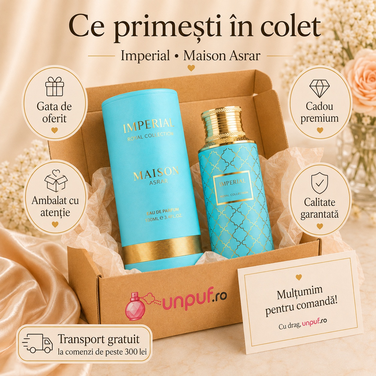 Ce primești în colet la Maison Asrar Imperial Eau de Parfum 100ml, ambalaj premium UnPuf.ro
