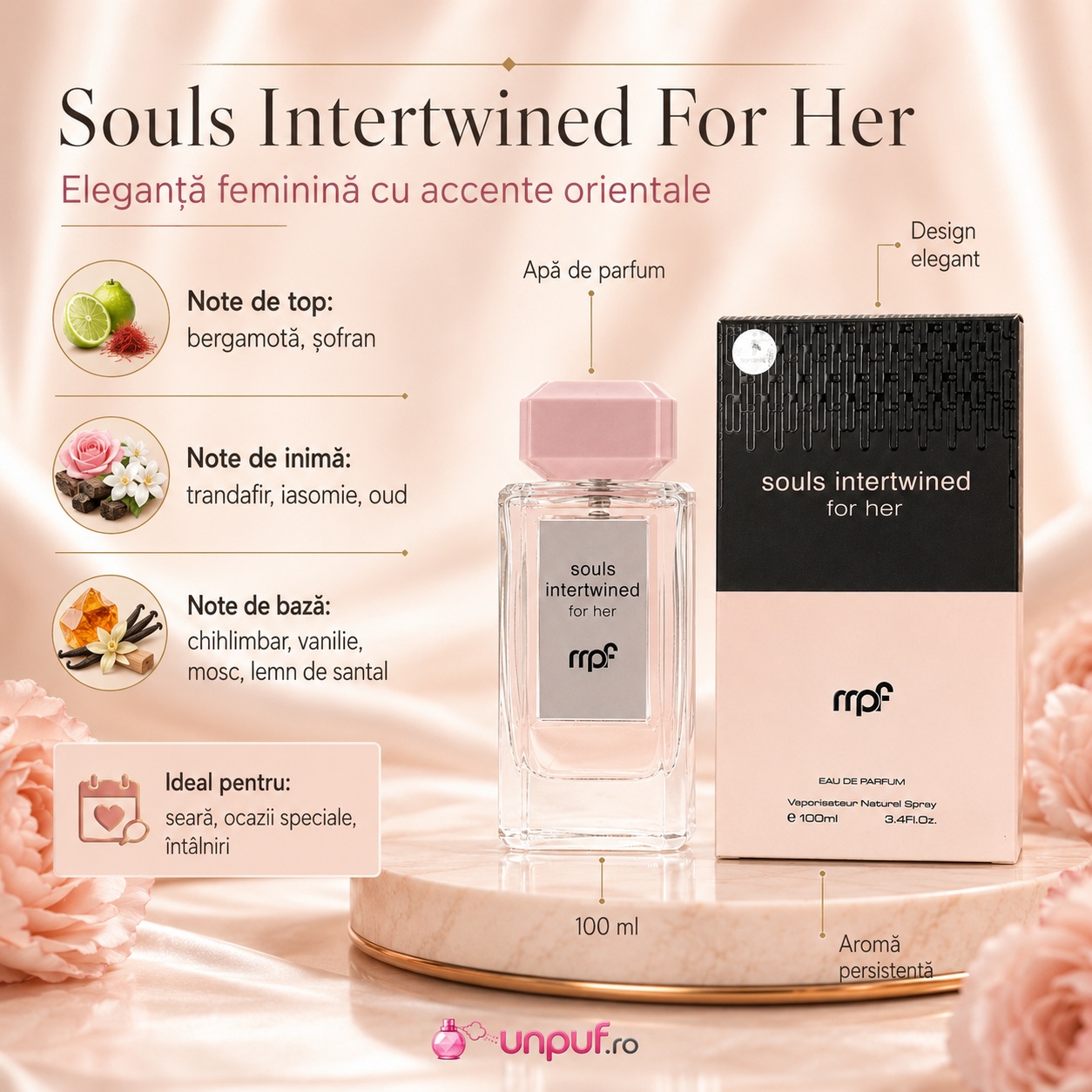 My Perfumes Souls Interwinded For Her prezentare parfum cu note de bergamotă, șofran, trandafir, iasomie, oud, chihlimbar, vanilie, mosc și lemn de santal