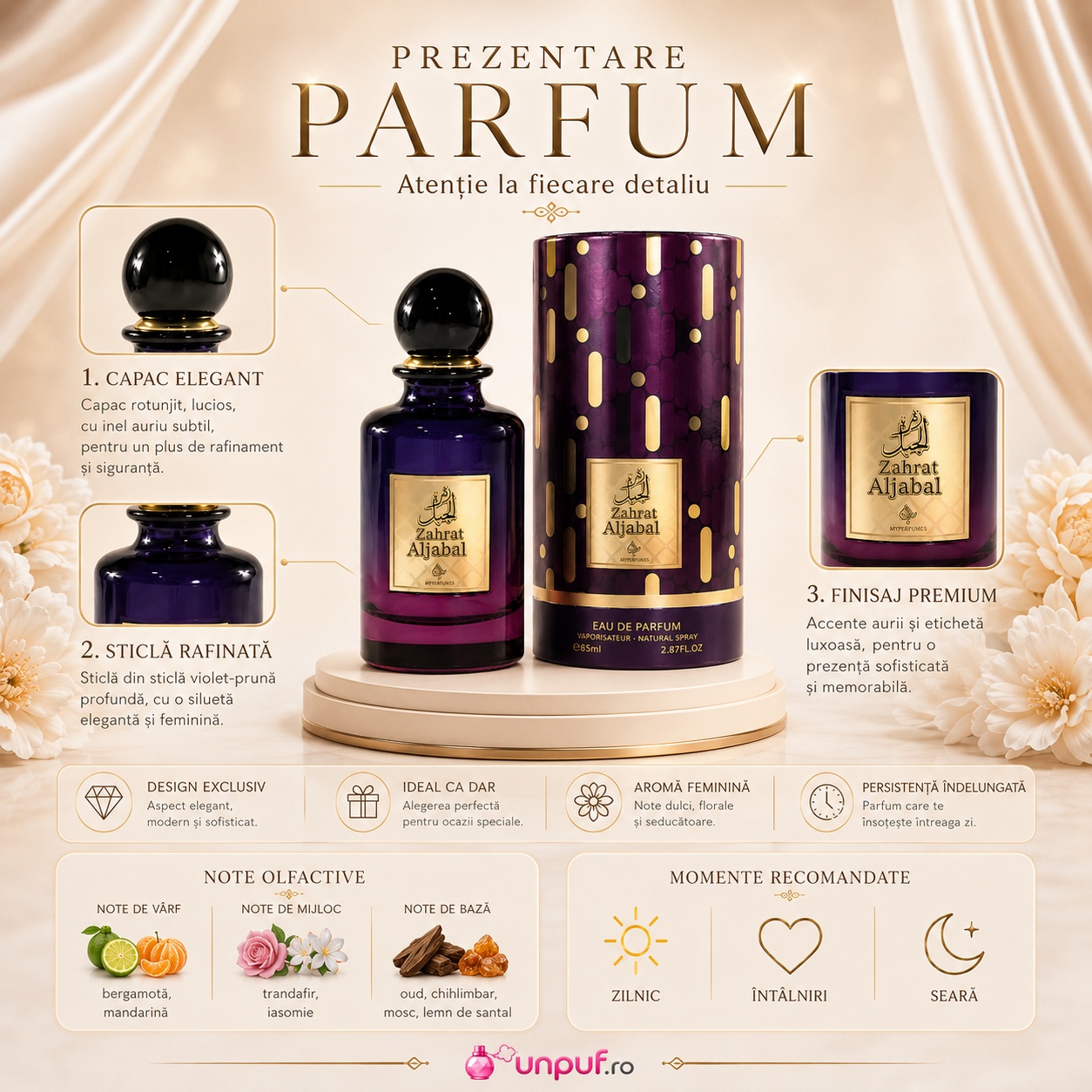 My Perfumes Zahrat Aljabal prezentare parfum cu note de bergamotă mandarină trandafir iasomie oud chihlimbar mosc și lemn de santal