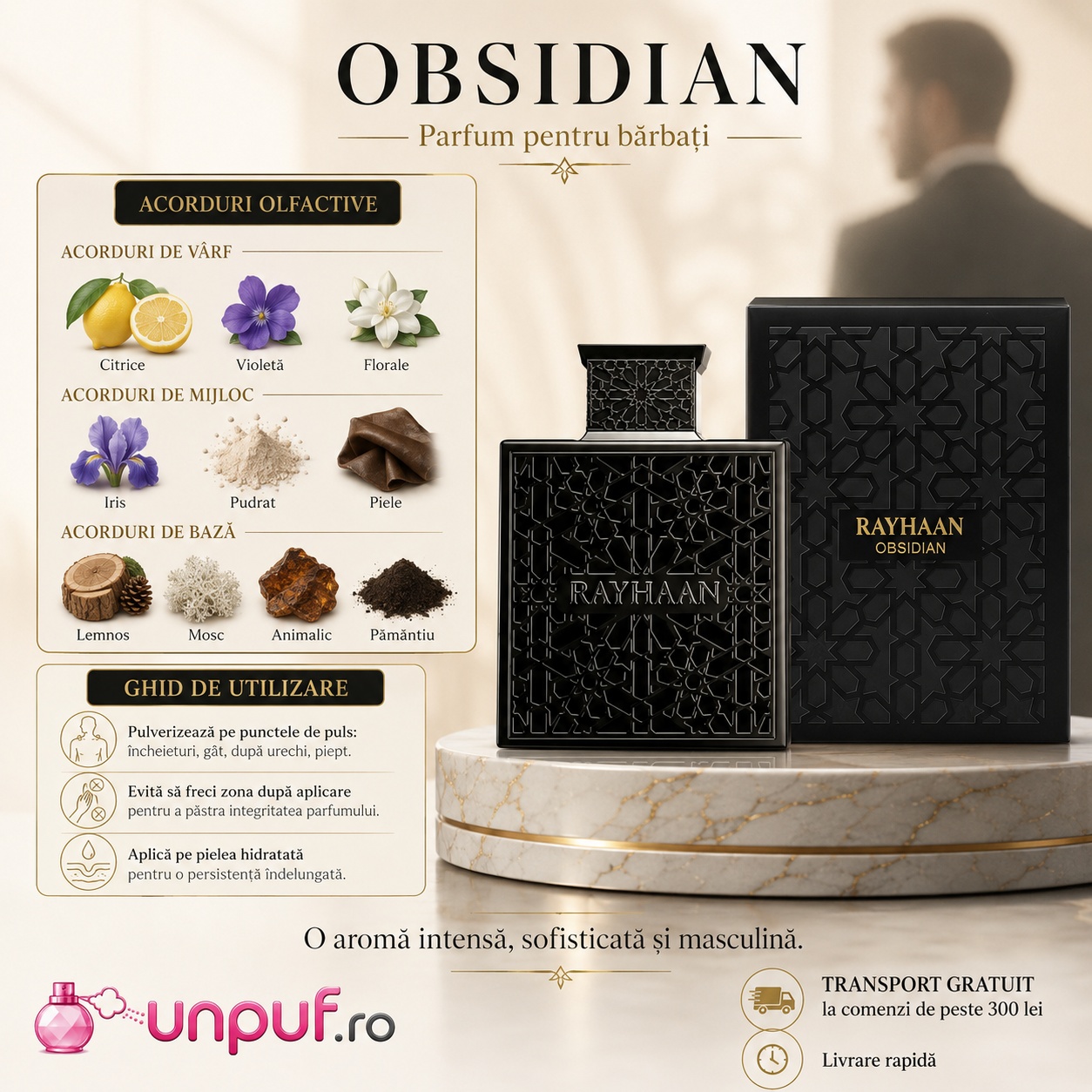 Ghid de utilizare Obsidian Rayhaan parfum cu citrice, violetă, flori, iris, pudrat, piele, lemnos, mosc, animalic și păm&acirc;ntiu