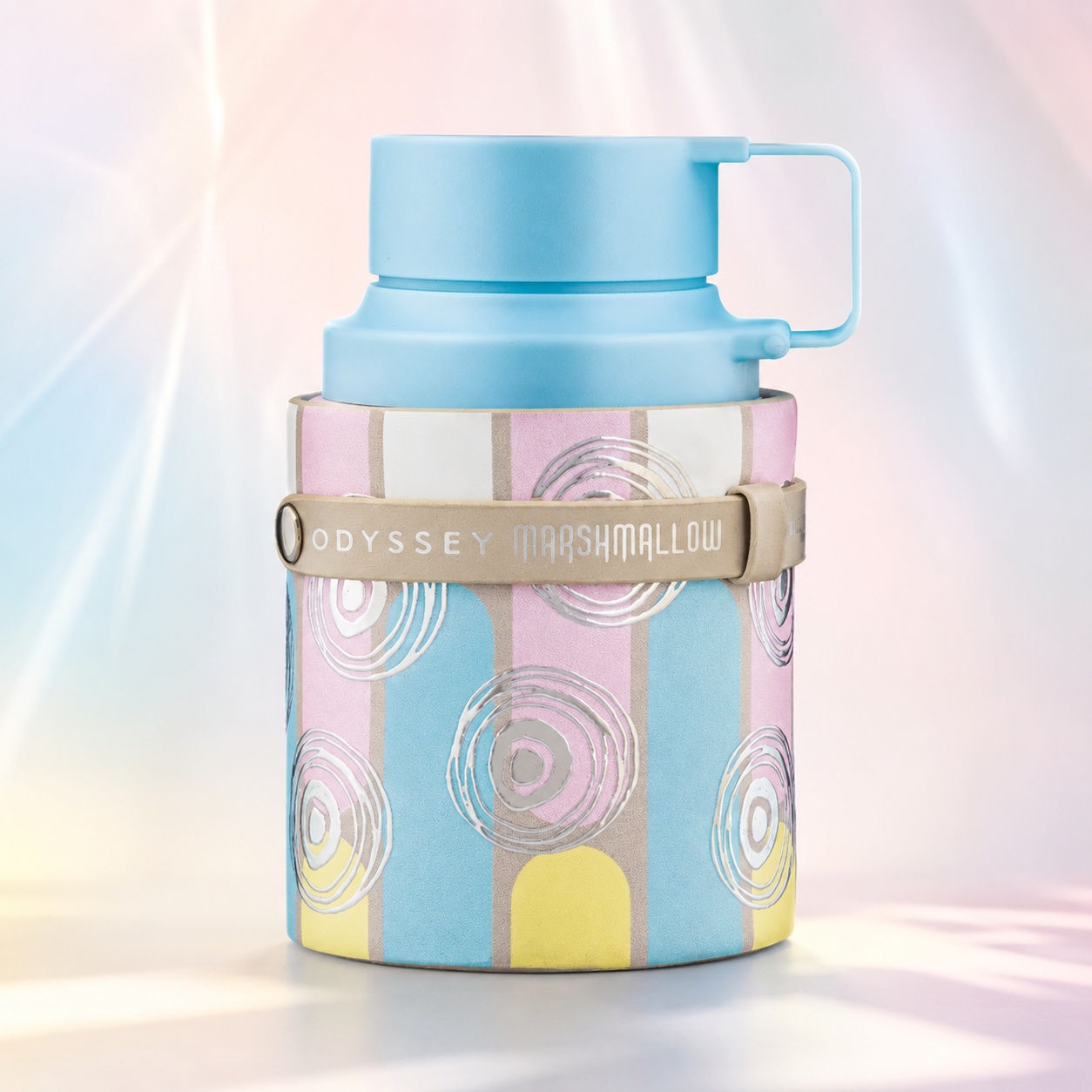 Sticlă parfum Odyssey Marshmallow Gourmand Edition Armaf 100 ml cu design bleu roz galben și detalii pastel