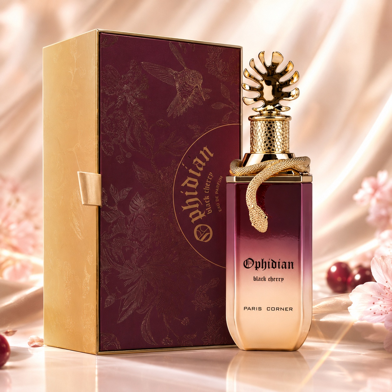 Parfum Arăbesc Ophidian Black Cherry Paris Corner 100 ml Apă de Parfum Unisex cu sticlă și cutie burgundy aurie