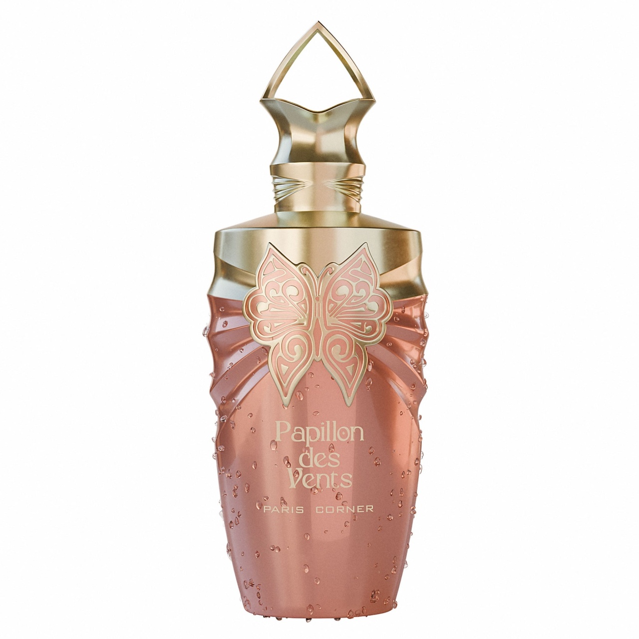 Sticlă parfum Papillon Des Vents Paris Corner 100 ml cu design roz coral și detalii aurii &icirc;n formă de fluture