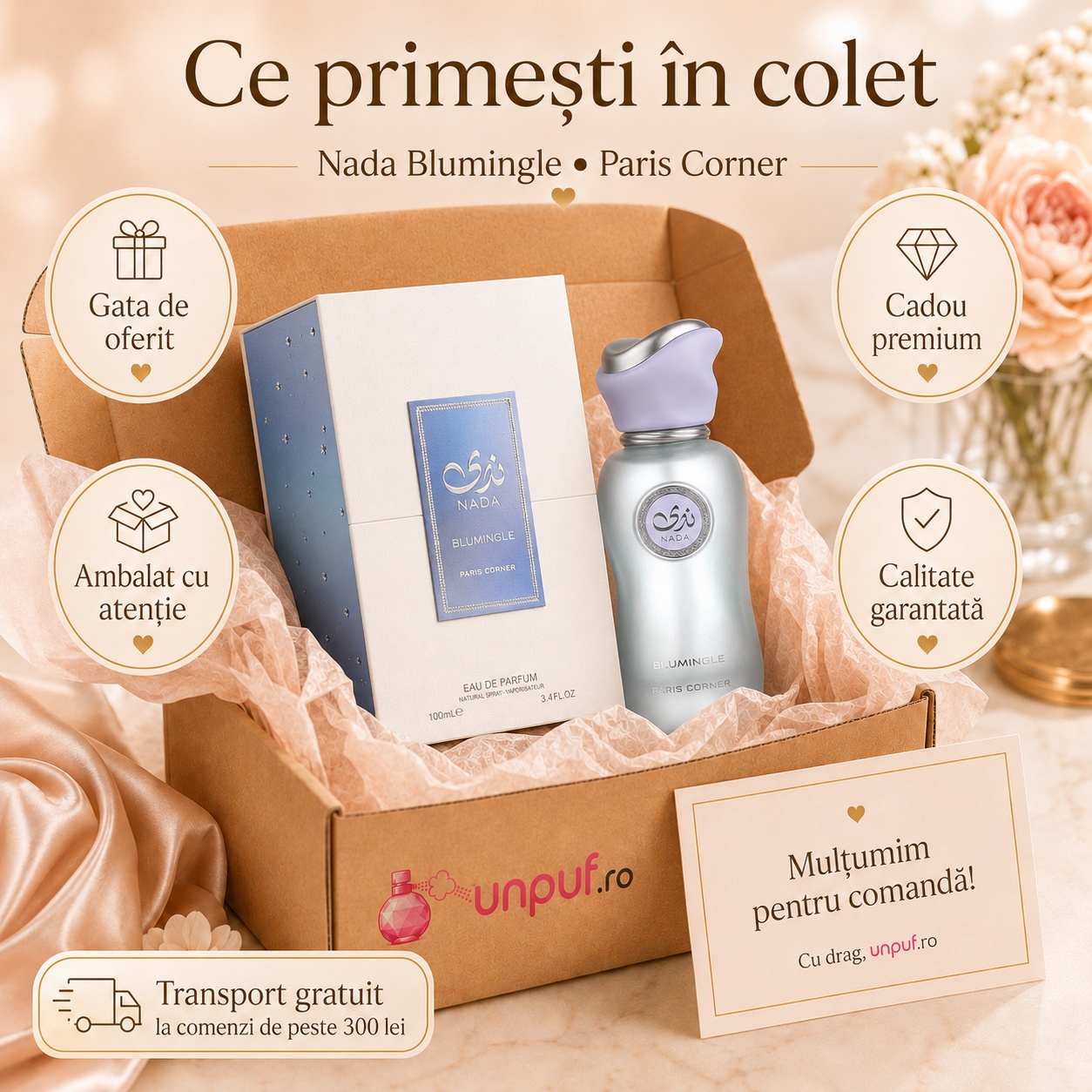 Ce primești în colet la Paris Corner Nada Blumingle Eau de Parfum 100ml, ambalaj premium UnPuf.ro