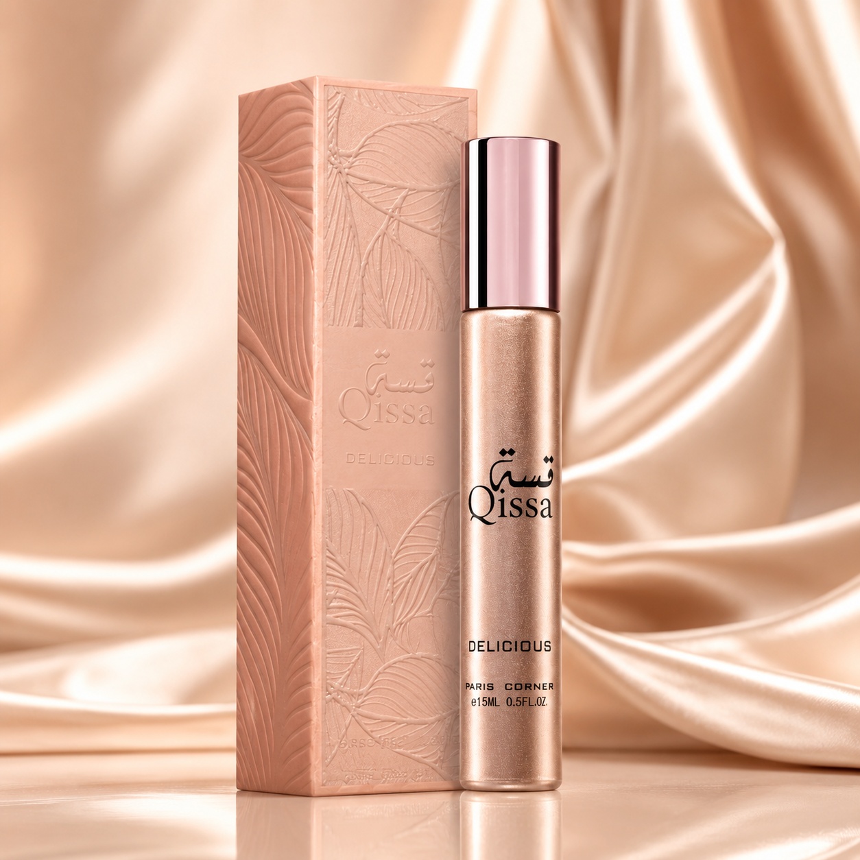 Parfum Arăbesc Qissa Delicious Paris Corner 15 ml Apă de Parfum Unisex cu sticlă și cutie roz champagne