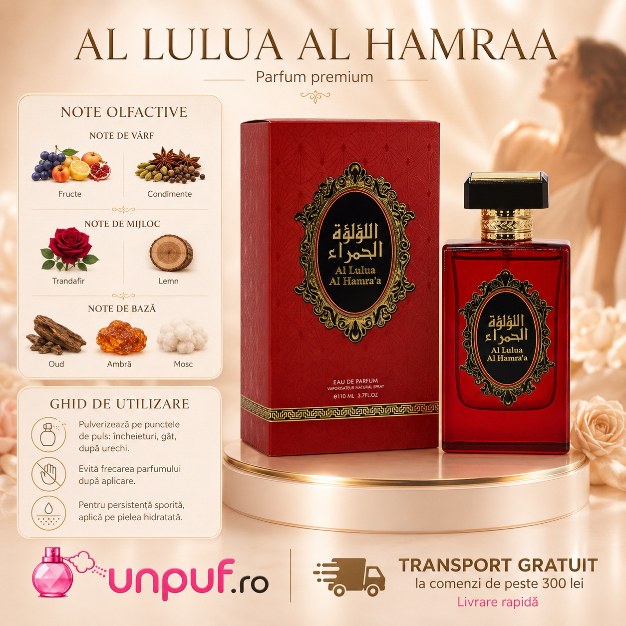 Profil olfactiv Al Lulua Al Hambra cu note de fructe, condimente, trandafir, lemn, oud, ambră și mosc