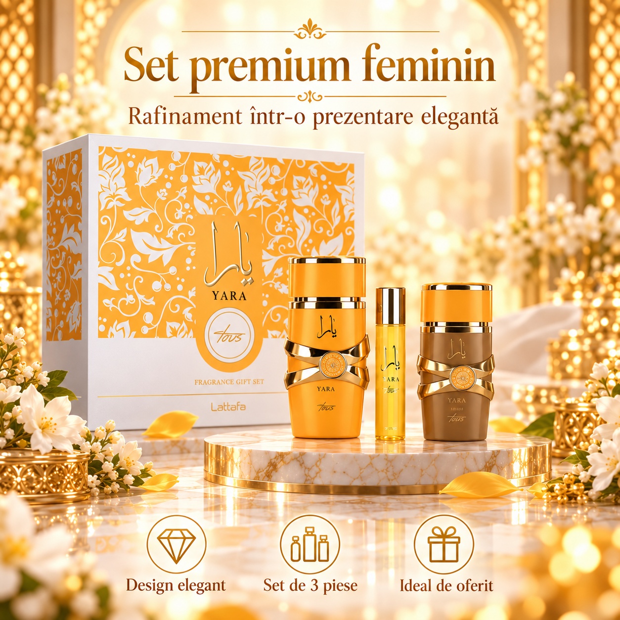 Lattafa Yara Tous Set Cadou 3 piese cu parfum 100 ml Hair Mist 50 ml și Travel Spray 12 ml