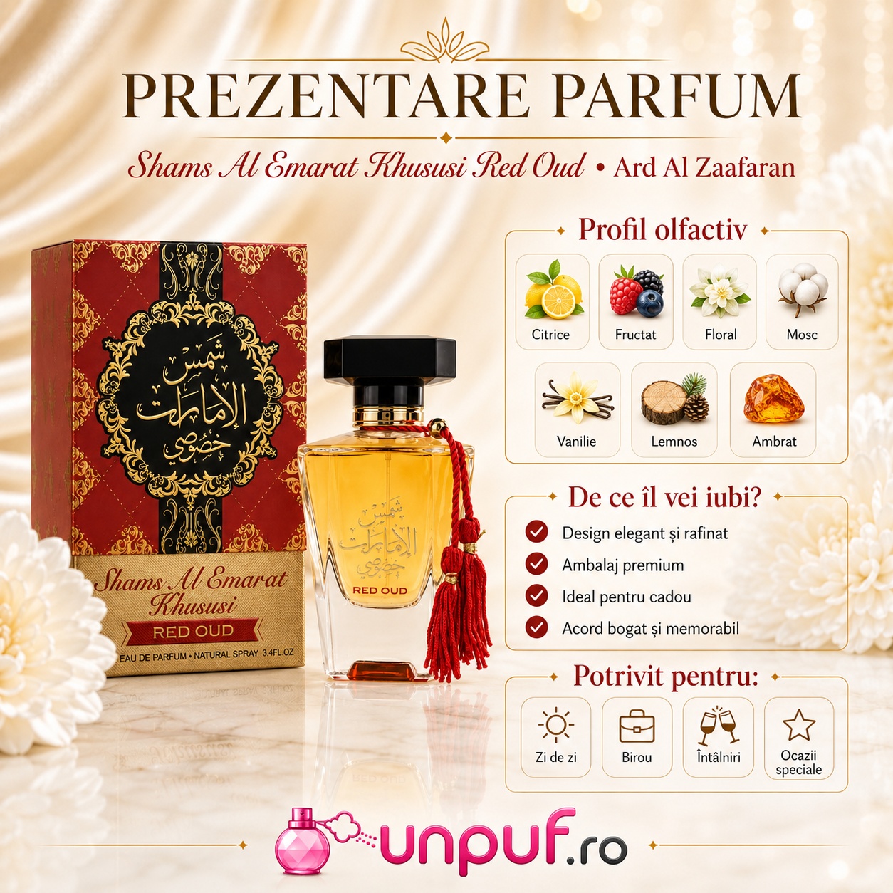 Shams Al Emarat Khususi Red Oud prezentare parfum design elegant profil olfactiv și beneficii