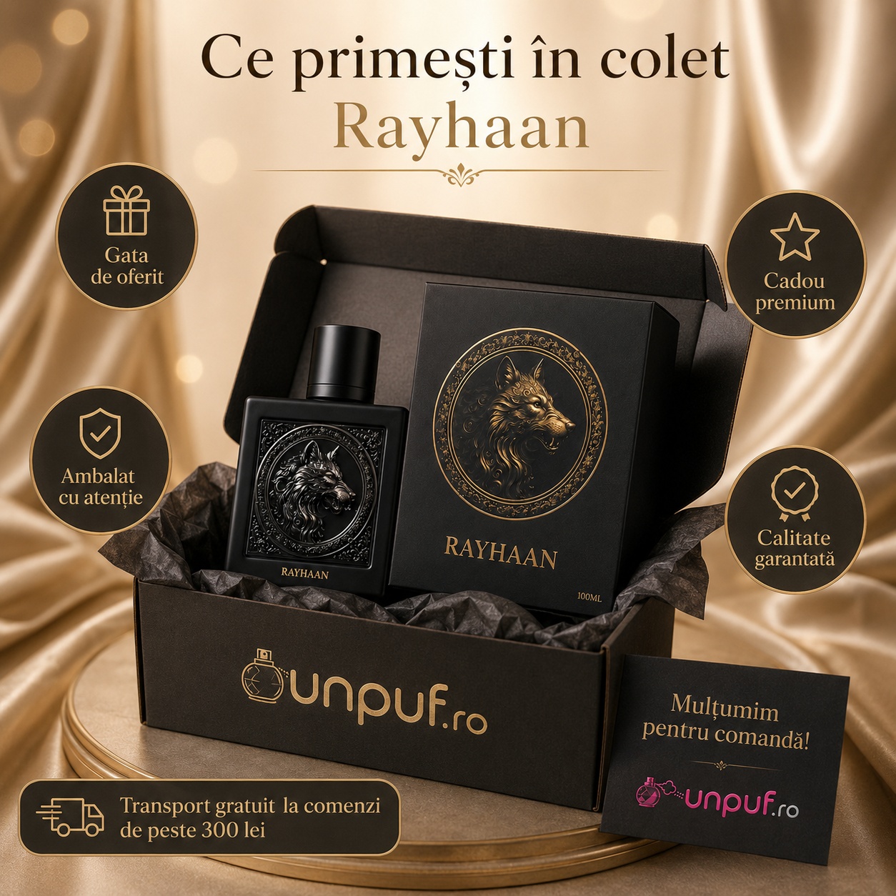 Ce primești &icirc;n colet Wolf Rayhaan parfum arabesc unisex ambalat cu atenție de unpuf.ro, cadou premium și transport gratuit peste 300 lei