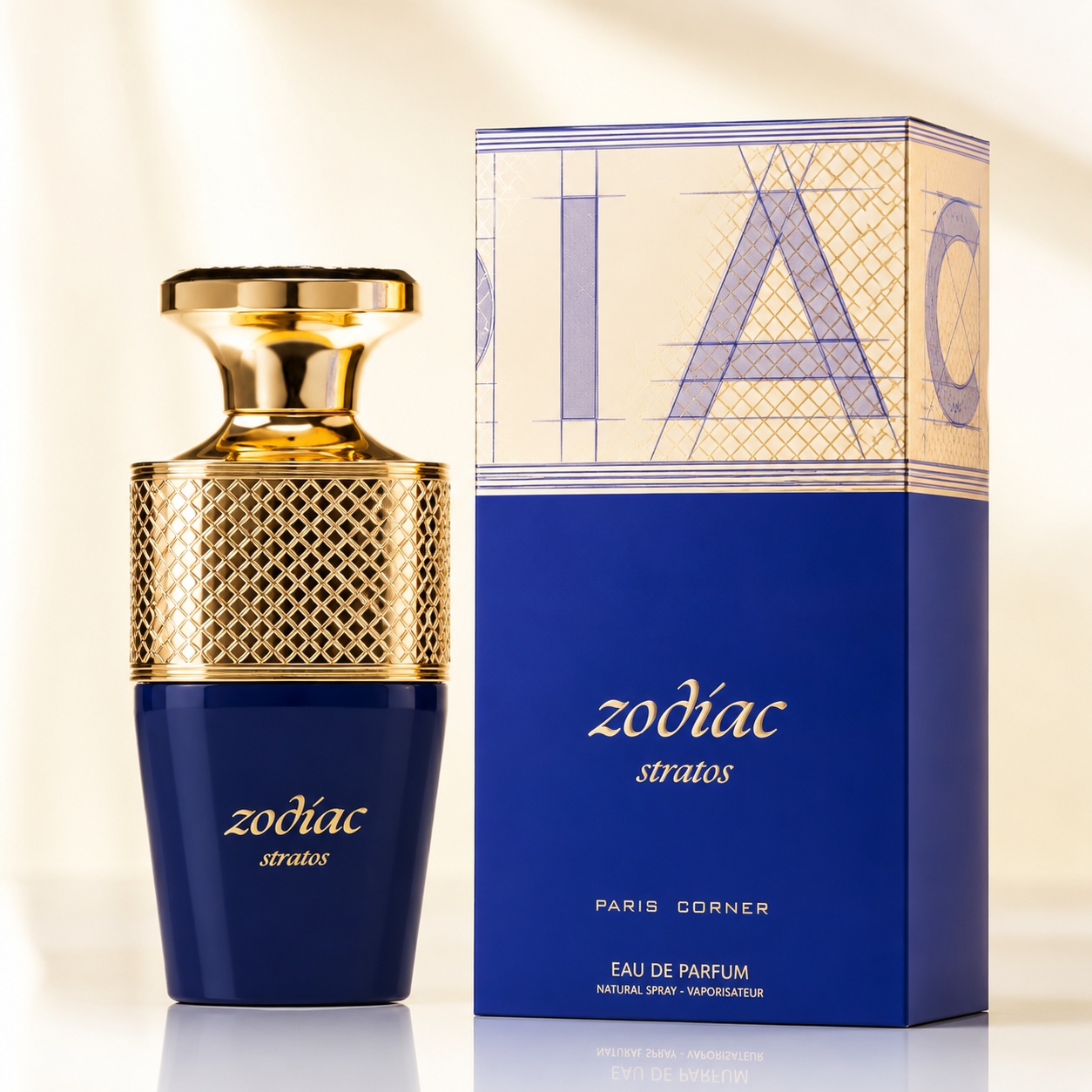 Parfum Arăbesc Zodiac Stratos Paris Corner 100 ml Apă de Parfum Bărbat cu sticlă albastră și cutie premium albastru auriu