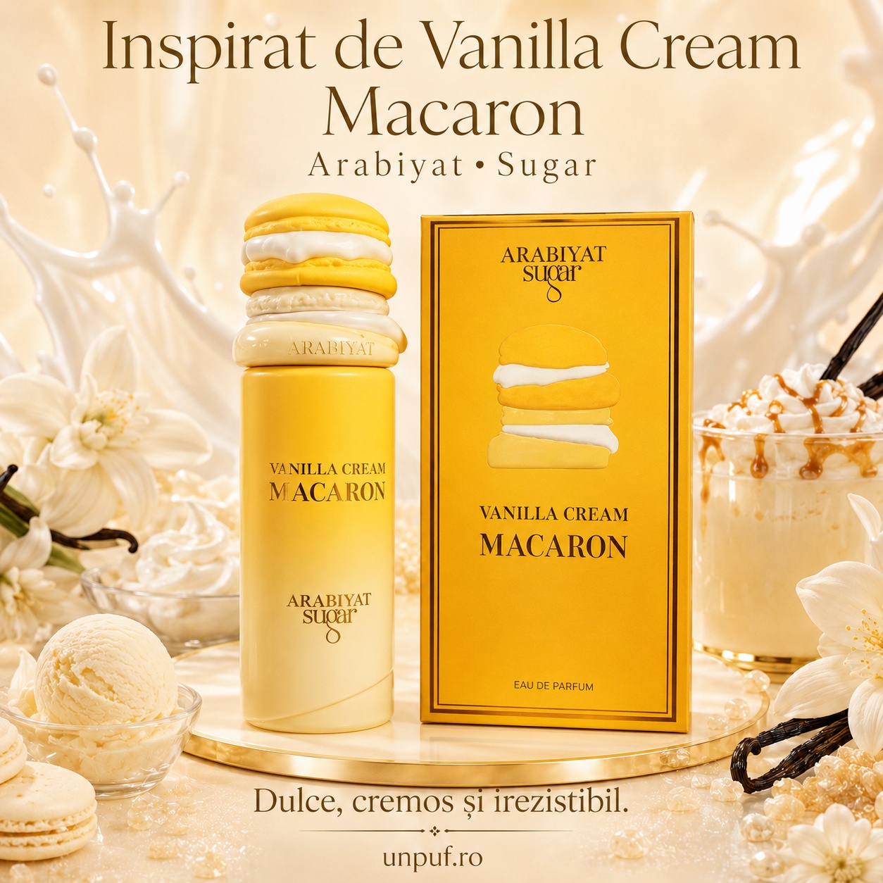 Arabiyat Sugar Vanilla Cream Macaron inspirat de deserturi cremoase, vanilie, macaron și patiserie franțuzească