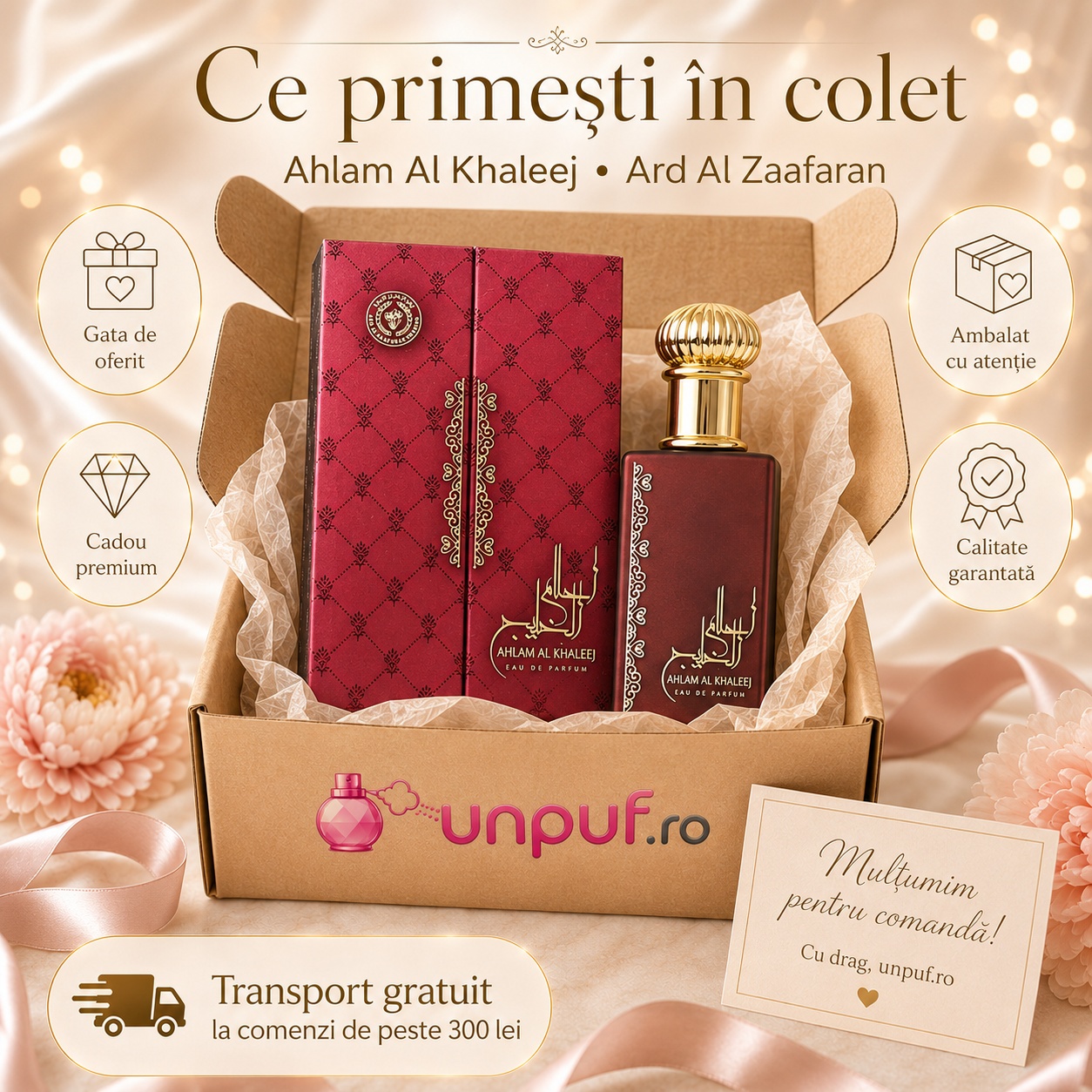 Ce primești &icirc;n colet Parfum Ard Al Zaafaran Ahlam Al Khaleej 100 ml ambalat cu atenție pentru cadou premium