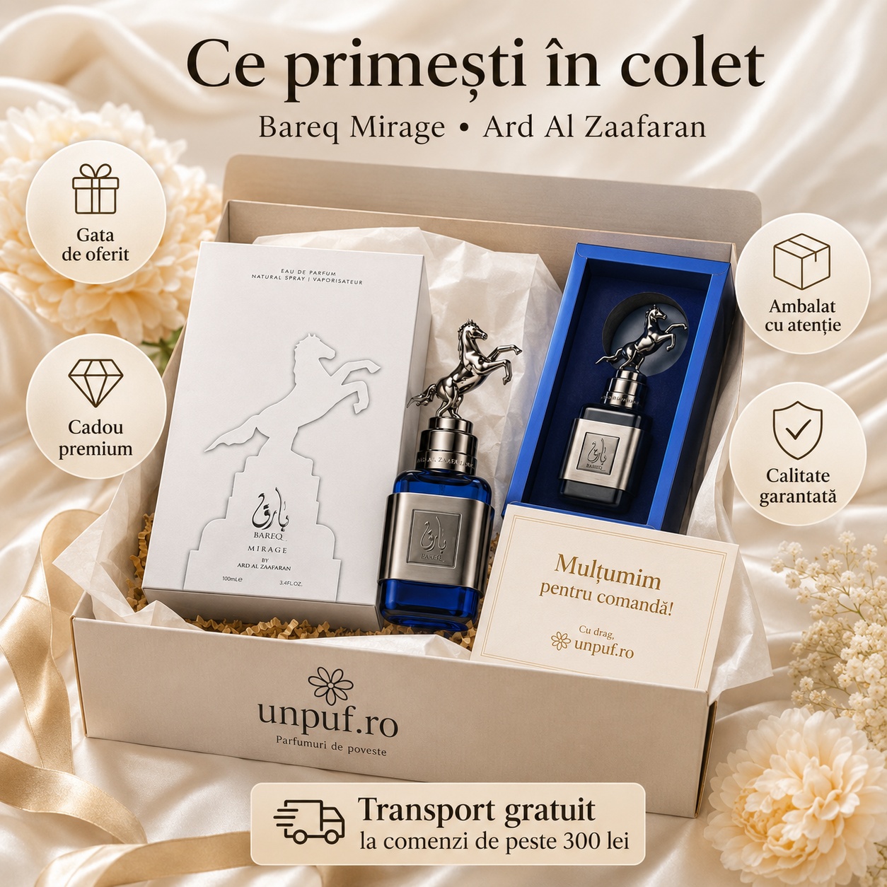 Colet parfum Bareq Mirage Ard Al Zaafaran ambalat cu atenție, cadou premium și calitate garantată