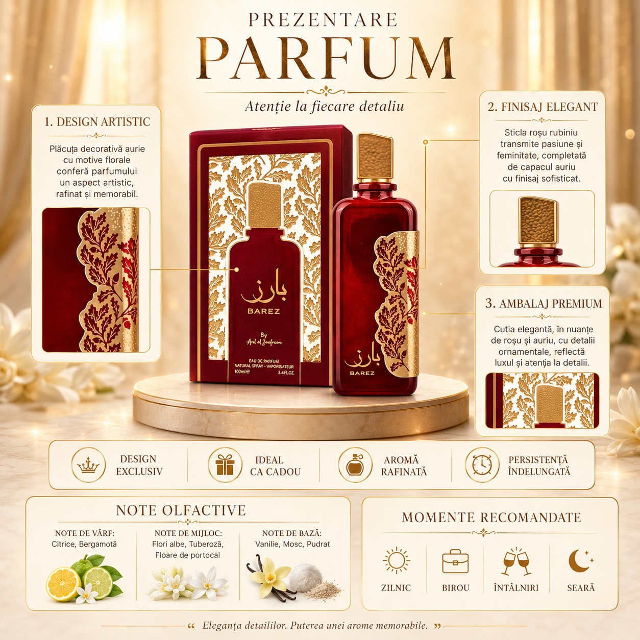 Prezentare parfum Ard Al Zaafaran Barez cu design artistic, finisaj elegant, ambalaj premium și note olfactive