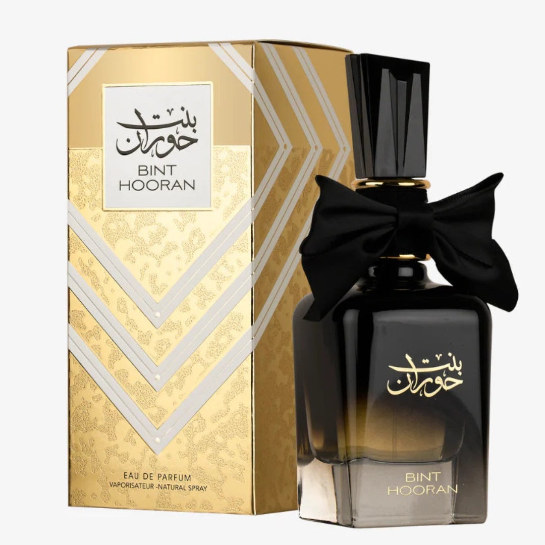 Flacon original Bint Hooran Ard Al Zaafaran 100 ml cu cutie aurie și parfum de damă cu fundă neagră