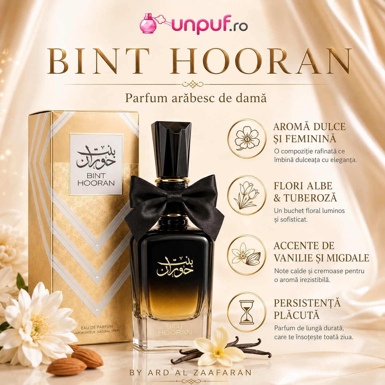 Bint Hooran parfum arăbesc de damă cu aromă dulce feminină, flori albe, tuberoză, vanilie și migdale