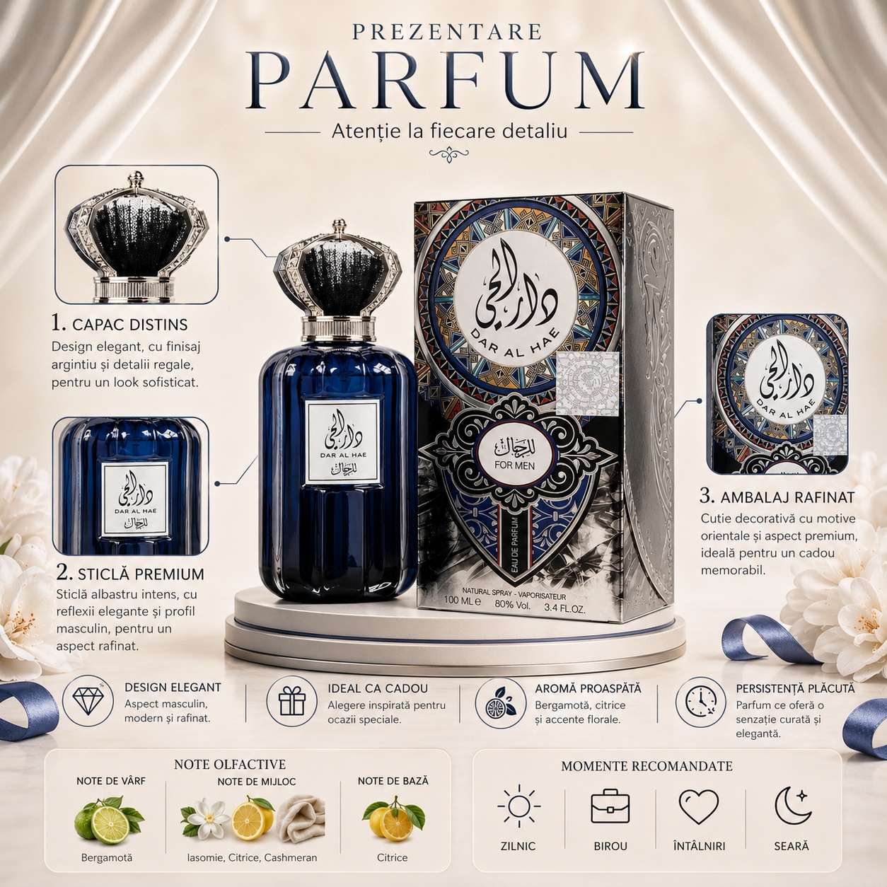 Prezentare parfum Ard Al Zaafaran Dar Al Hae For Men cu capac distinct, sticlă premium, ambalaj rafinat și note olfactive