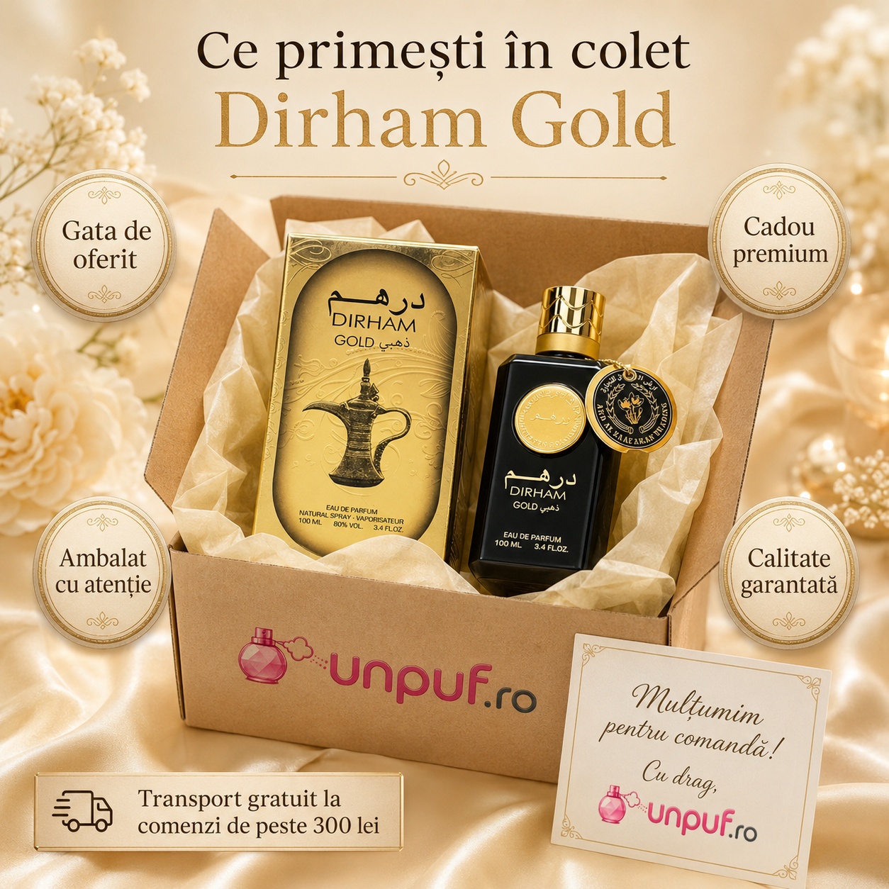Colet parfum Dirham Gold Ard Al Zaafaran ambalat cu atenție, cadou premium și calitate garantată
