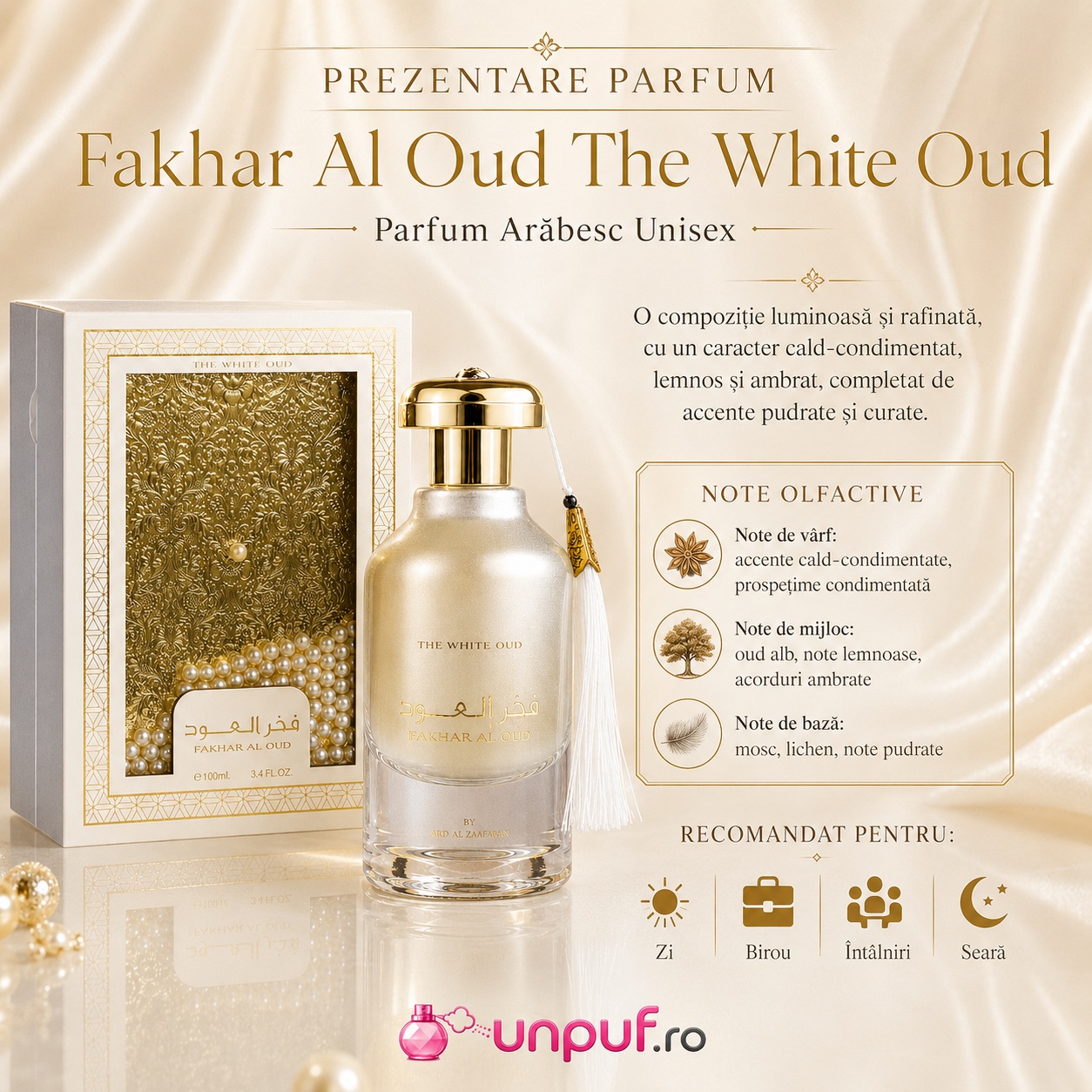 Prezentare Fakhar Al Oud Intense White cu note cald condimentate, lemnoase, ambrate, pudrate și proaspăt condimentate