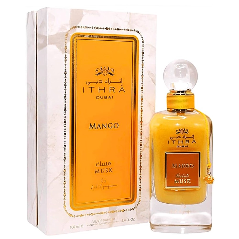 Flacon original Ithra Mango Musk Ard Al Zaafaran 100 ml cu cutie crem și portocalie parfum arăbesc unisex