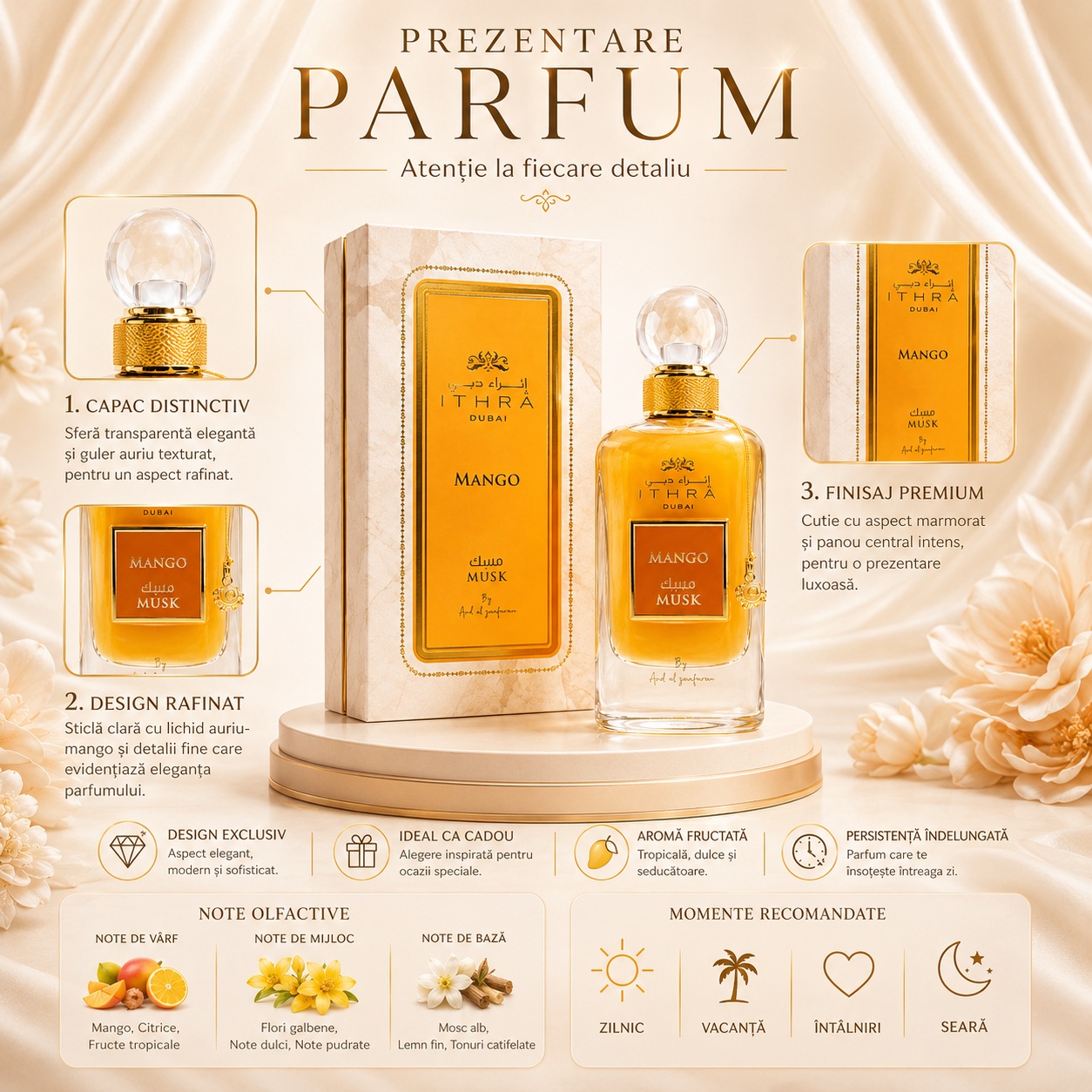 Prezentare parfum Ithra Mango Musk Ard Al Zaafaran cu note de mango, citrice, fructe tropicale, flori galbene, note dulci, note pudrate, mosc alb și lemn fin