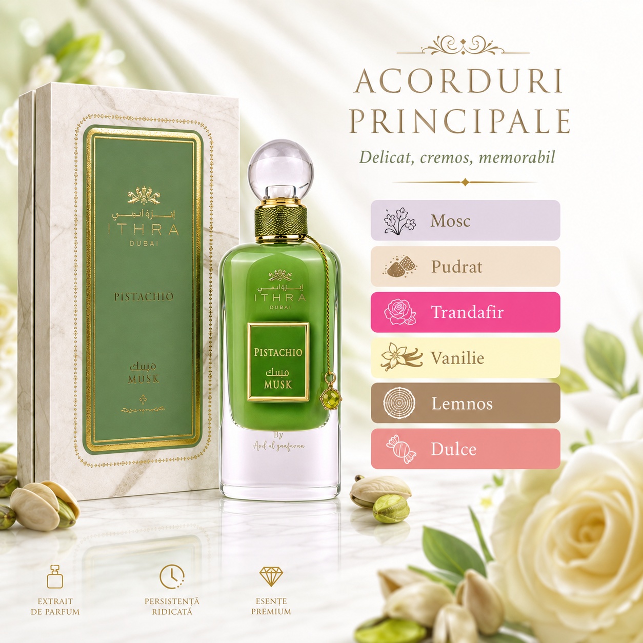 Acorduri principale Ithra Pistachio Musk cu mosc, pudrat, trandafir, vanilie, lemnos și dulce