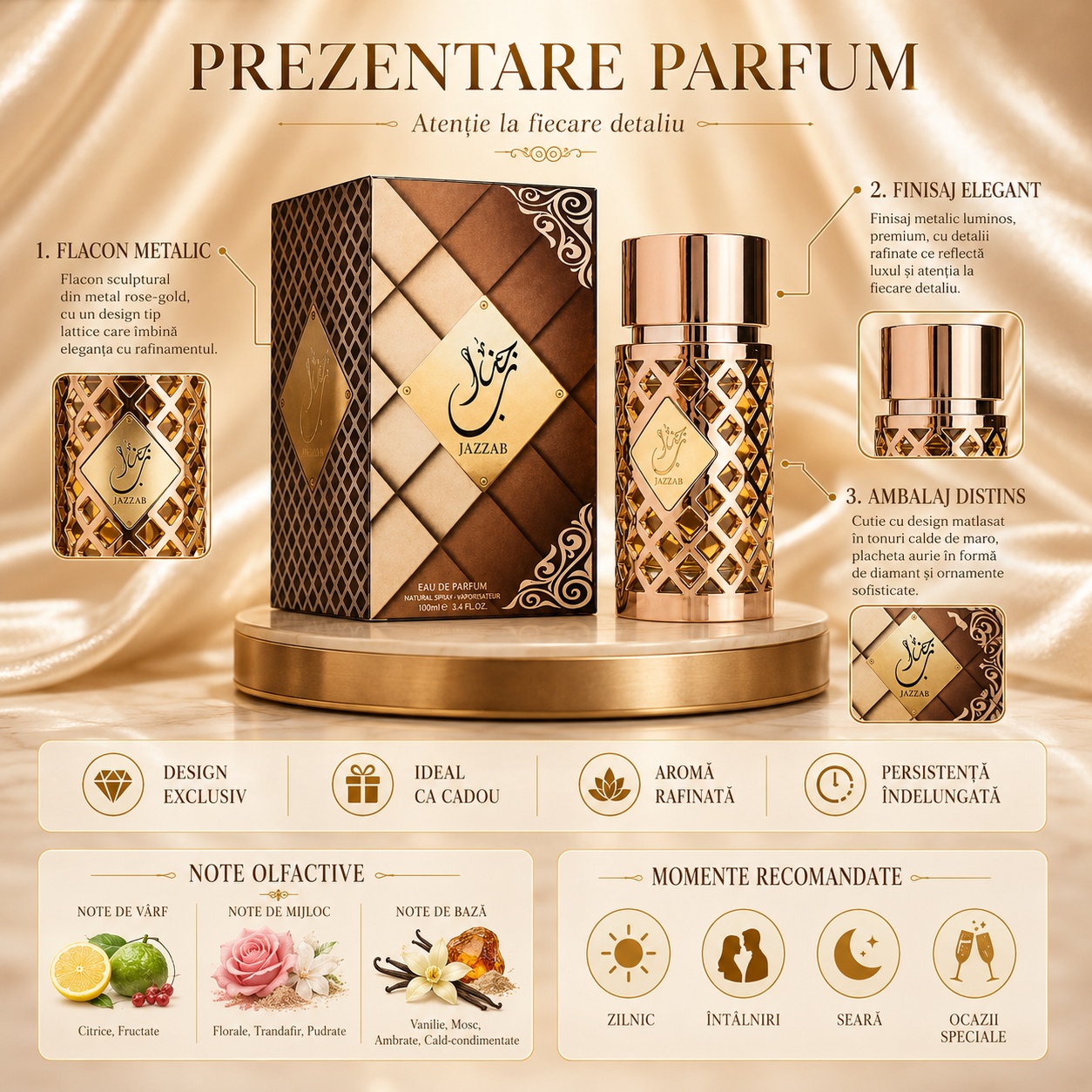 Prezentare parfum Jazzab Gold Ard Al Zaafaran cu flacon metalic rose gold, finisaj elegant, ambalaj distins și note olfactive