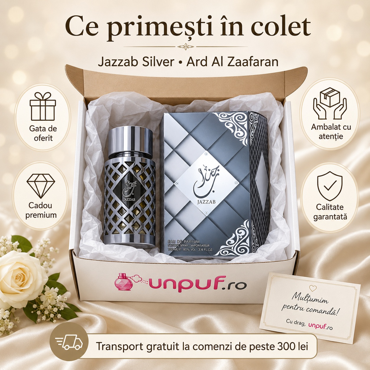 Colet parfum Ard Al Zaafaran Jazzab Silver 100 ml ambalat cu atenție și pregătit pentru cadou