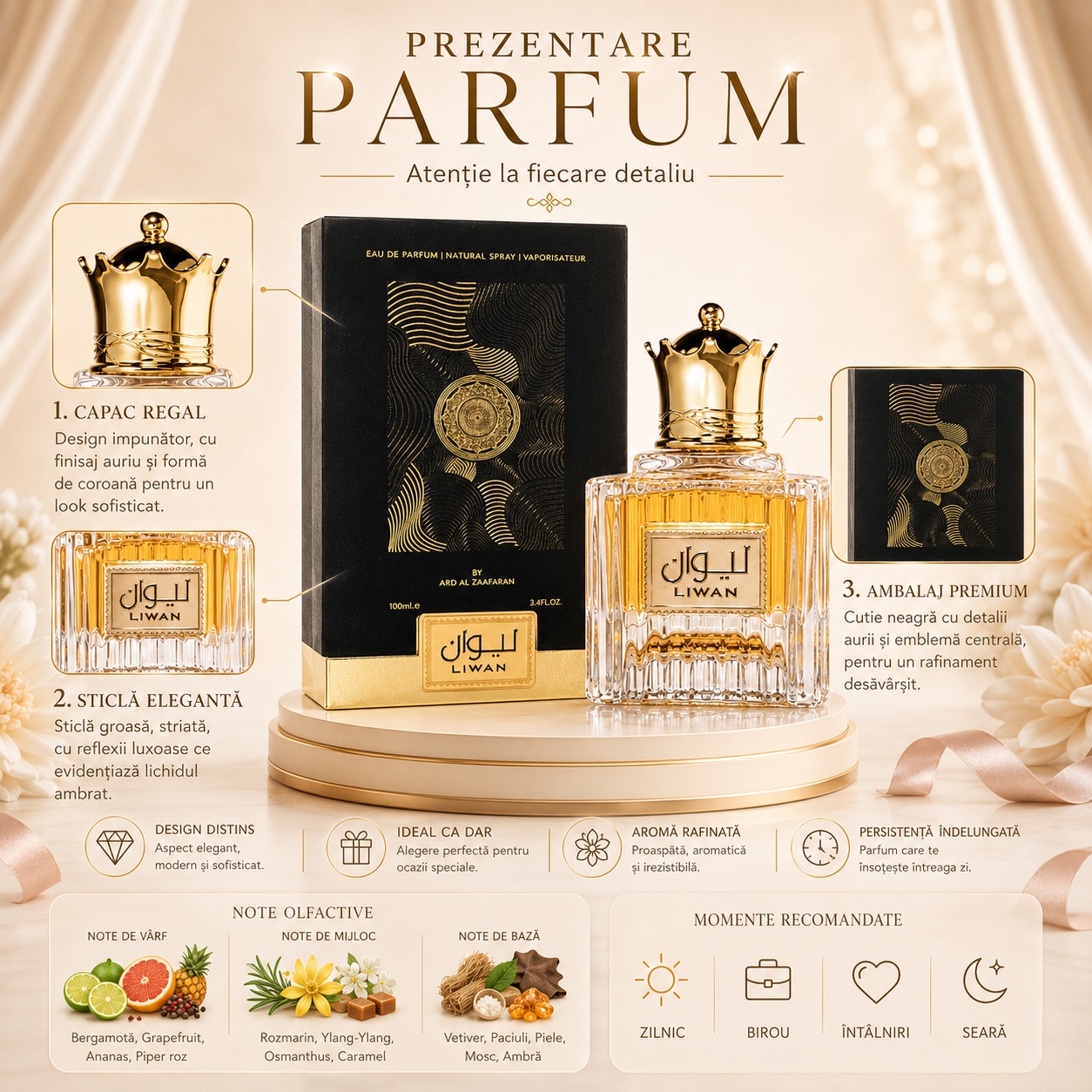 Prezentare Parfum Arăbesc Liwan Ard Al Zaafaran cu capac regal, sticlă elegantă, ambalaj premium, note olfactive și momente recomandate