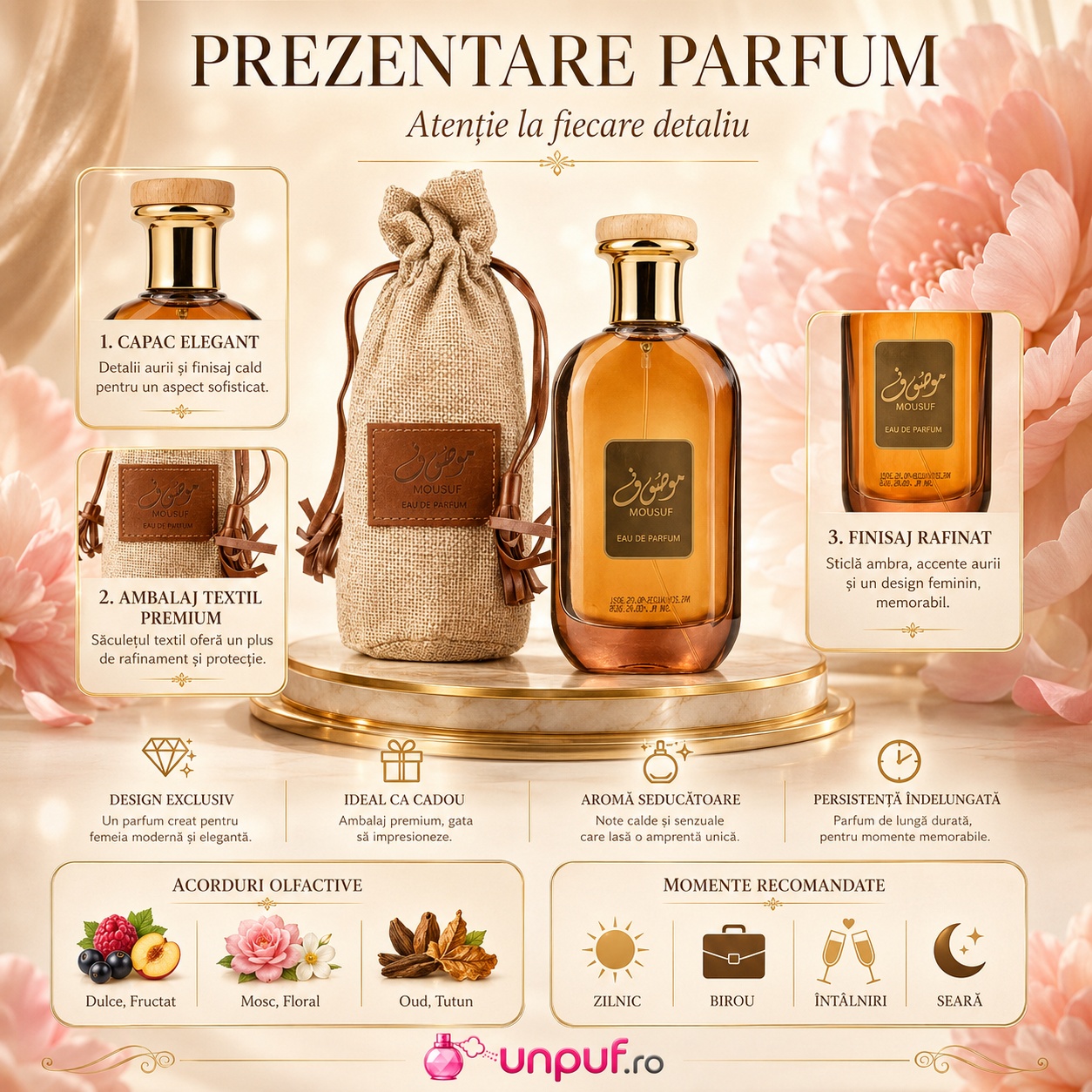Prezentare parfum Ard Al Zaafaran Mousuf cu capac elegant, ambalaj textil premium, finisaj rafinat și acorduri olfactive