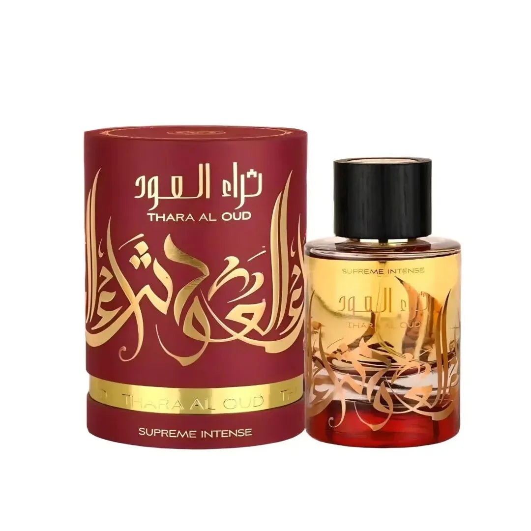 Cutie originală Thara Al Oud Supreme Intense Ard Al Zaafaran 100 ml și flacon parfum arăbesc unisex