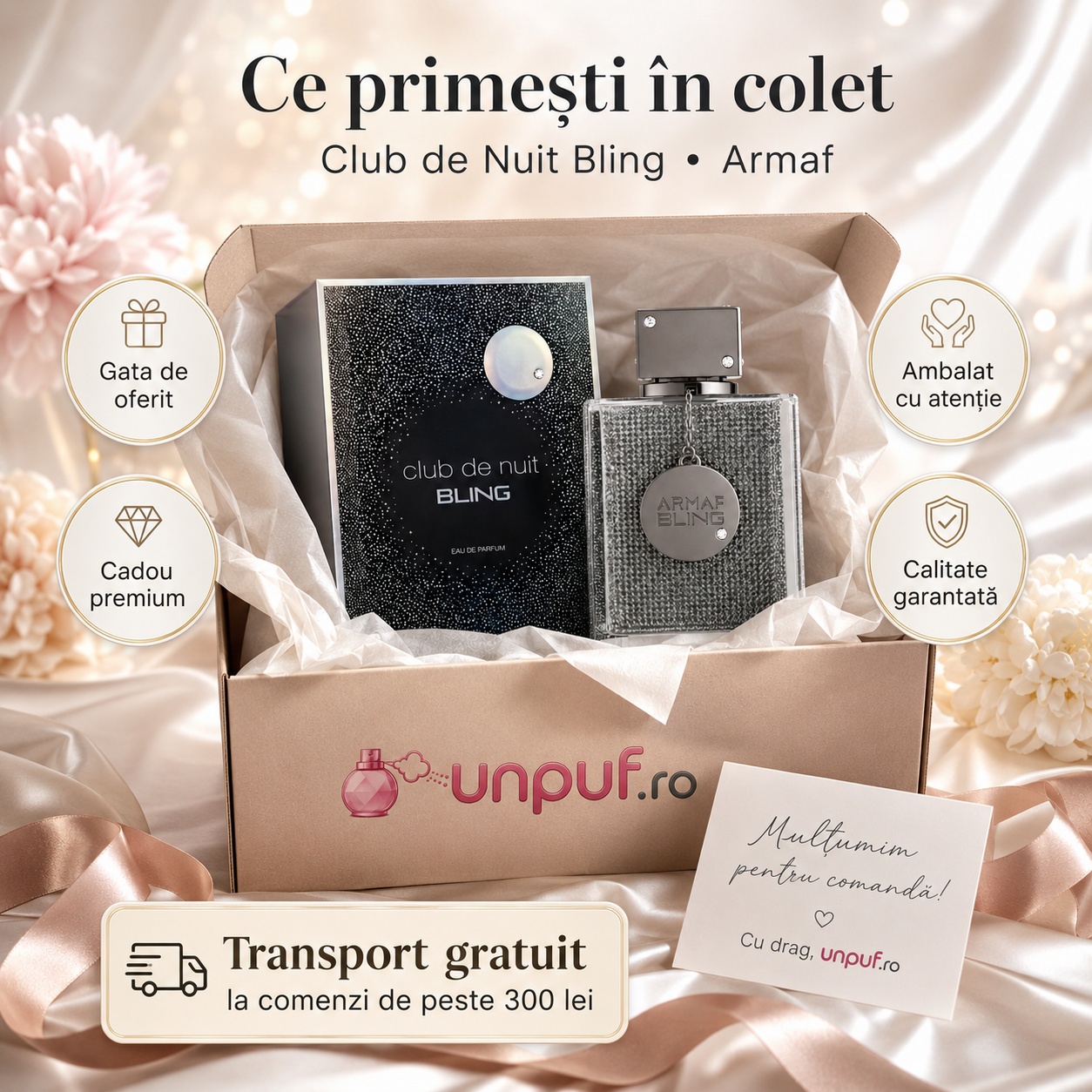 Ce primești &icirc;n colet Armaf Club De Nuit Bling 75 ml parfum original și cutie premium