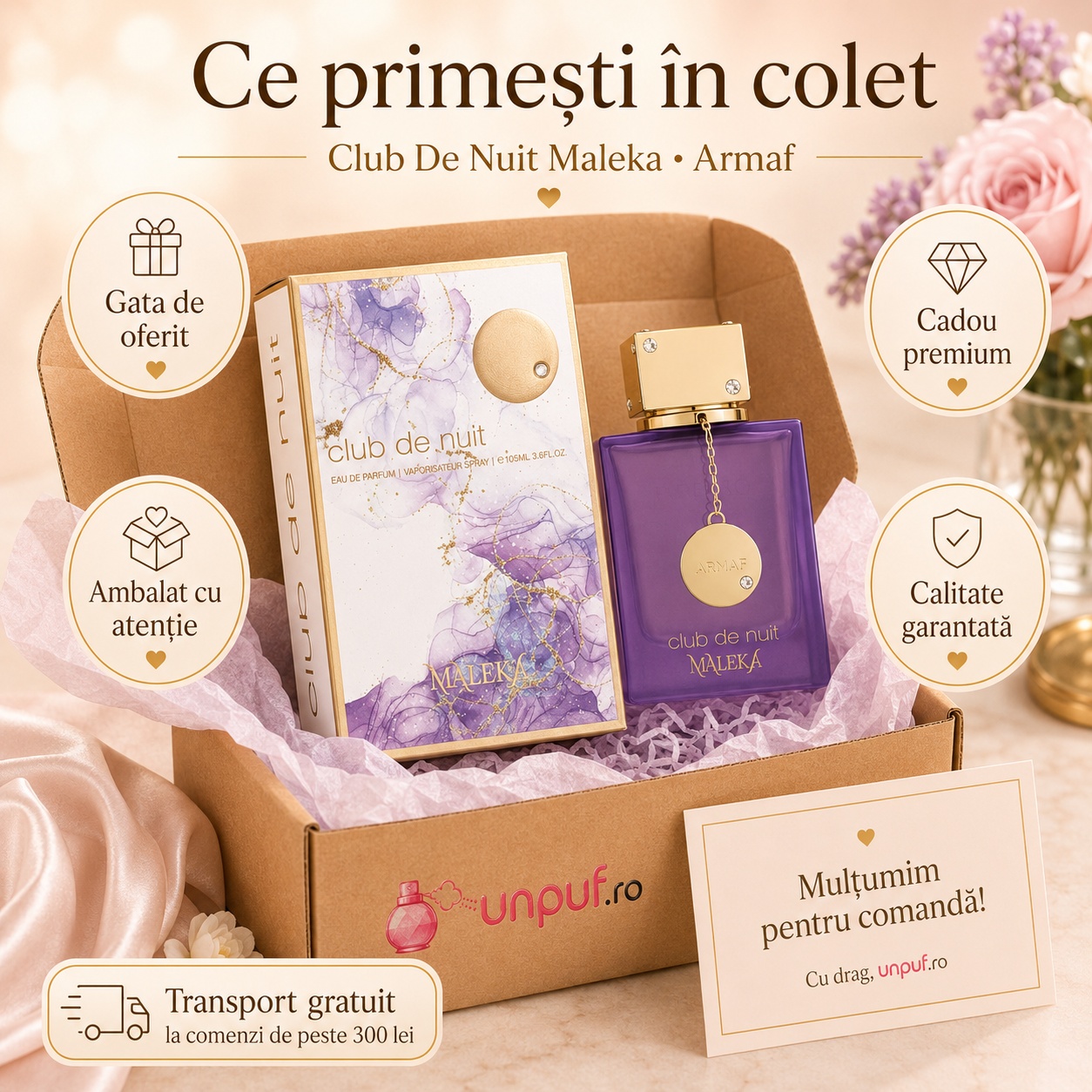 Ce primești &icirc;n colet Armaf Club De Nuit Maleka 105 ml parfum original cutie premium și ambalare atentă