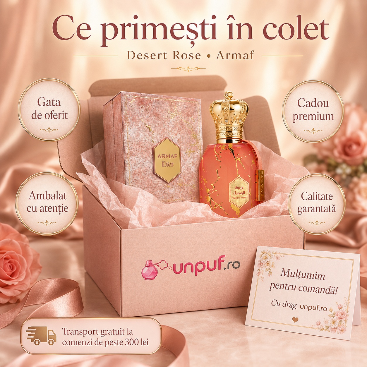 Ce primești &icirc;n colet Armaf Eter Desert Rose 100 ml parfum original ambalat elegant pentru cadou premium