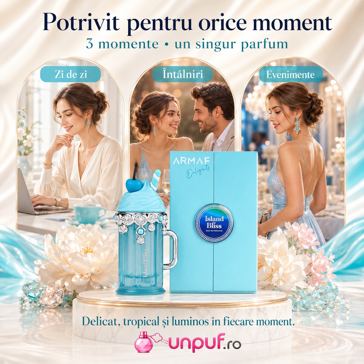 Armaf Island Bliss potrivit pentru zi de zi, &icirc;nt&acirc;lniri și evenimente, parfum delicat tropical și luminos