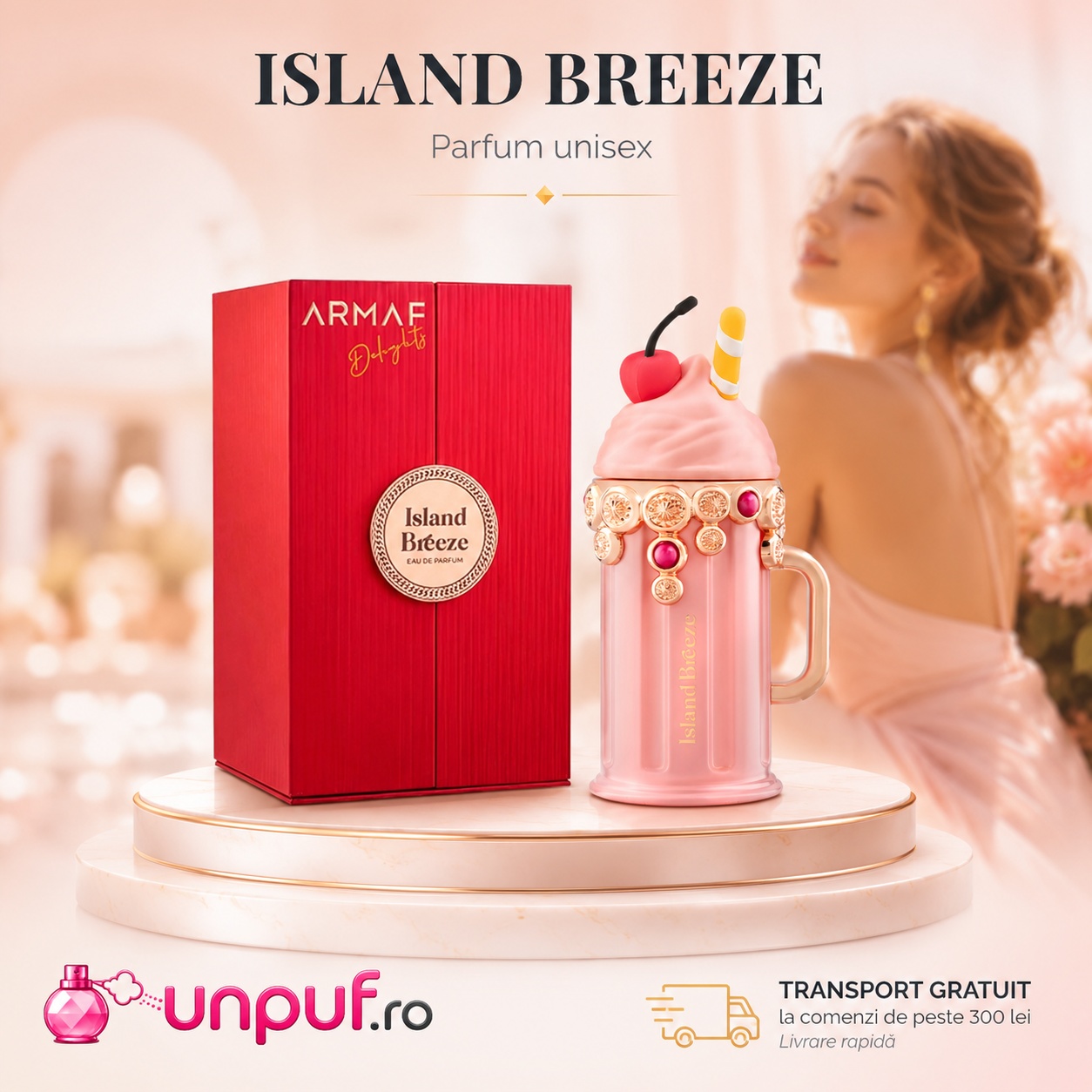 Armaf Island Breeze parfum de damă cu flacon roz, cutie roșie și prezentare elegantă