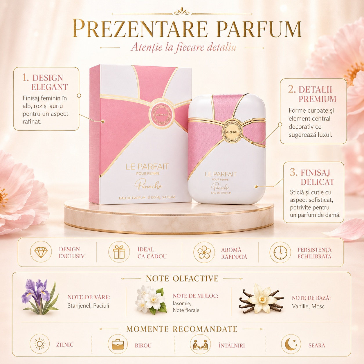 Prezentare Armaf Le Parfait Pour Femme Panache cu note de st&acirc;njenel, paciuli, iasomie, note florale, vanilie și mosc