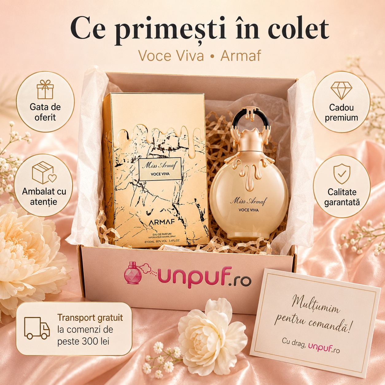 Ce primești &icirc;n colet Armaf Miss Voceviva 100 ml parfum original cu cutie premium și ambalare atentă