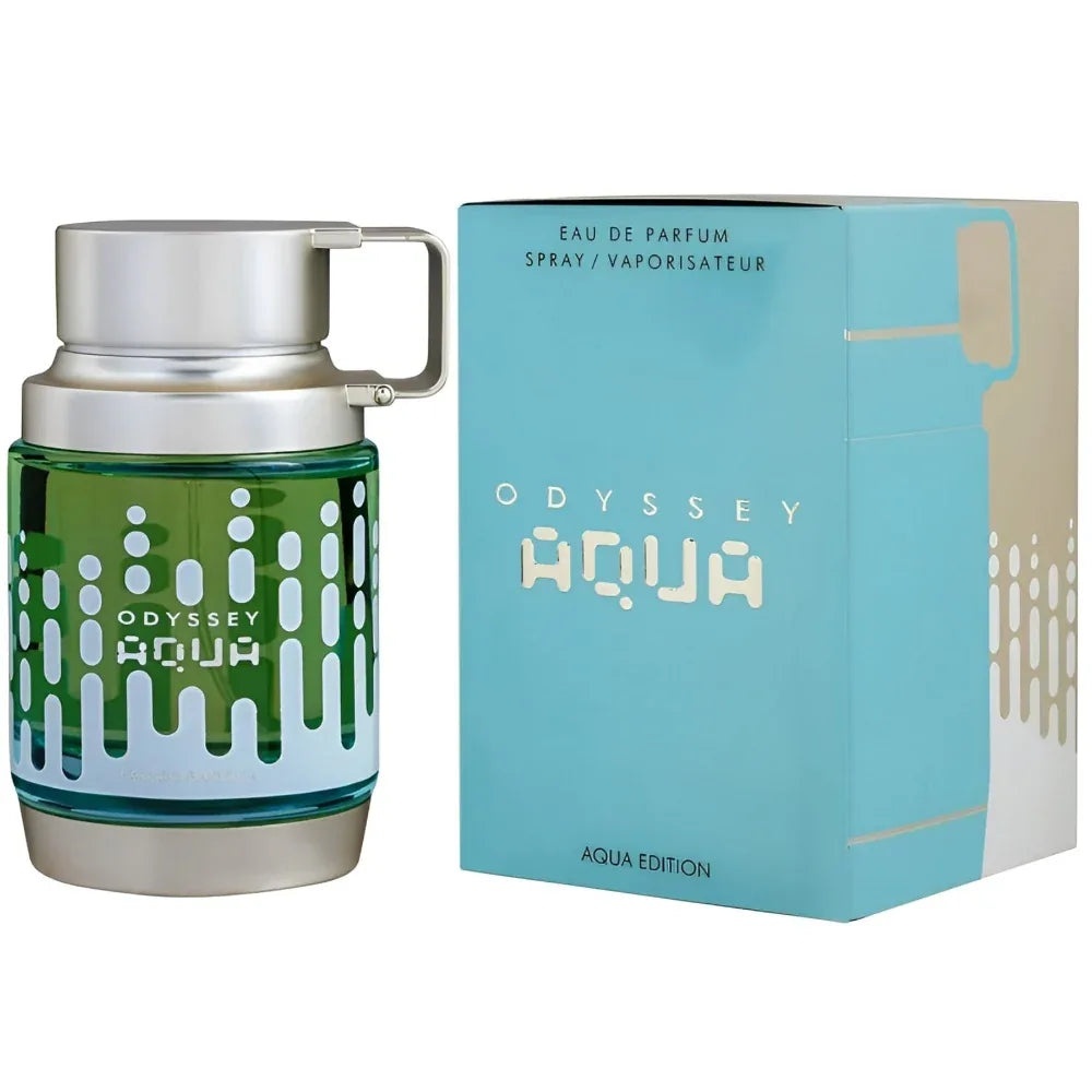 Flacon original Armaf Odyssey Aqua 100 ml cu cutie bleu și design verde argintiu