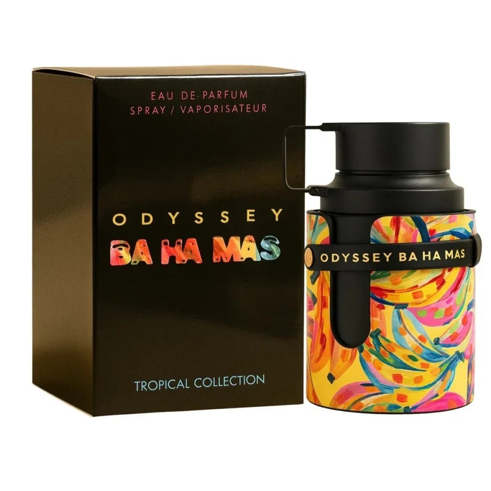 Flacon original Armaf Odyssey Ba Ha Mas 100 ml cu cutie neagră și design tropical colorat