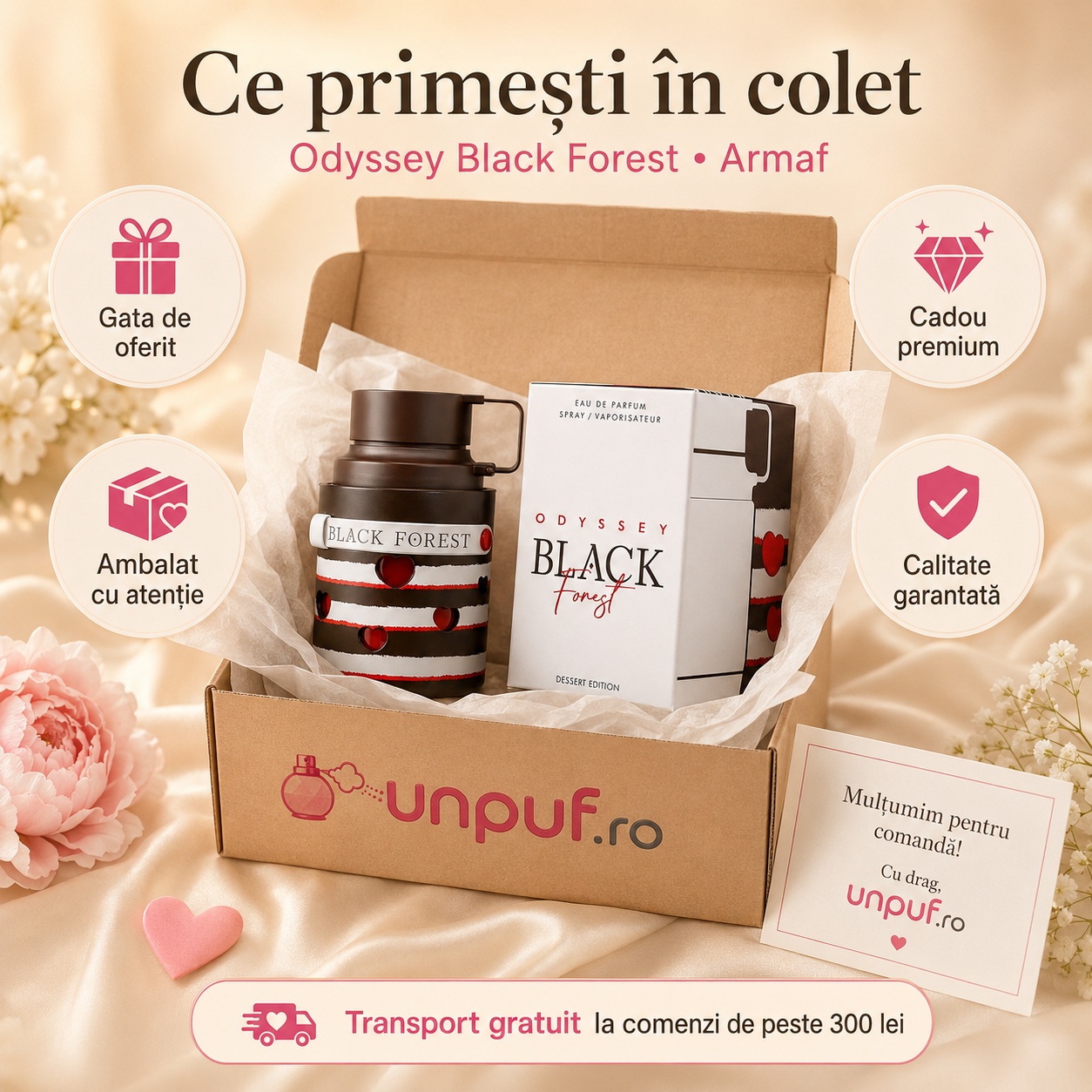 Ce primești &icirc;n colet Armaf Odyssey Black Forest Dessert 100 ml parfum original, cutie premium și ambalare atentă