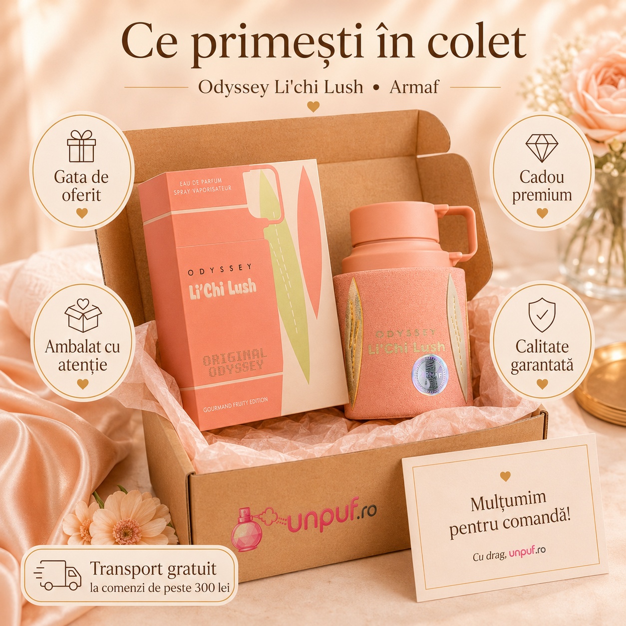 Ce primești &icirc;n colet Armaf Odyssey Lichi Lush 100 ml parfum original, cutie premium și ambalare atentă