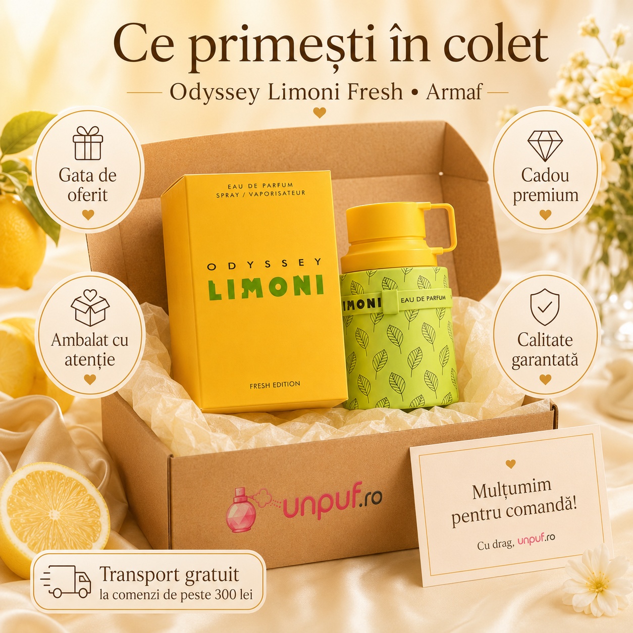 Ce primești &icirc;n colet Armaf Odyssey Limoni Fresh 100 ml parfum original, cutie premium și ambalare atentă