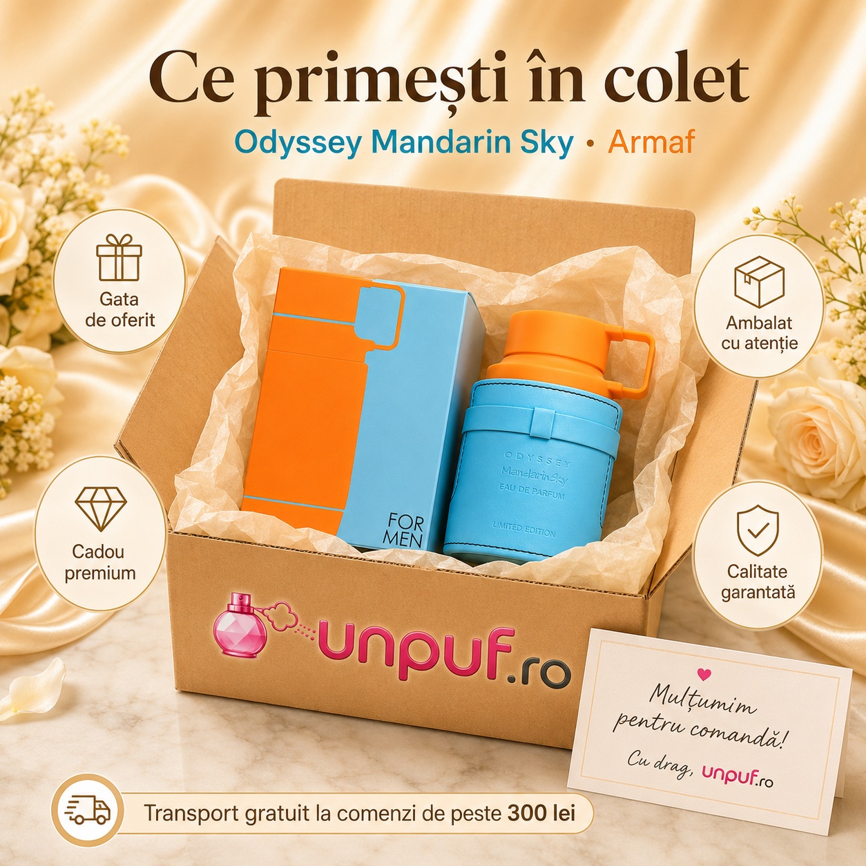 Ce primești &icirc;n colet Armaf Odyssey Mandarin Sky 60 ml parfum original, cutie premium și ambalare atentă