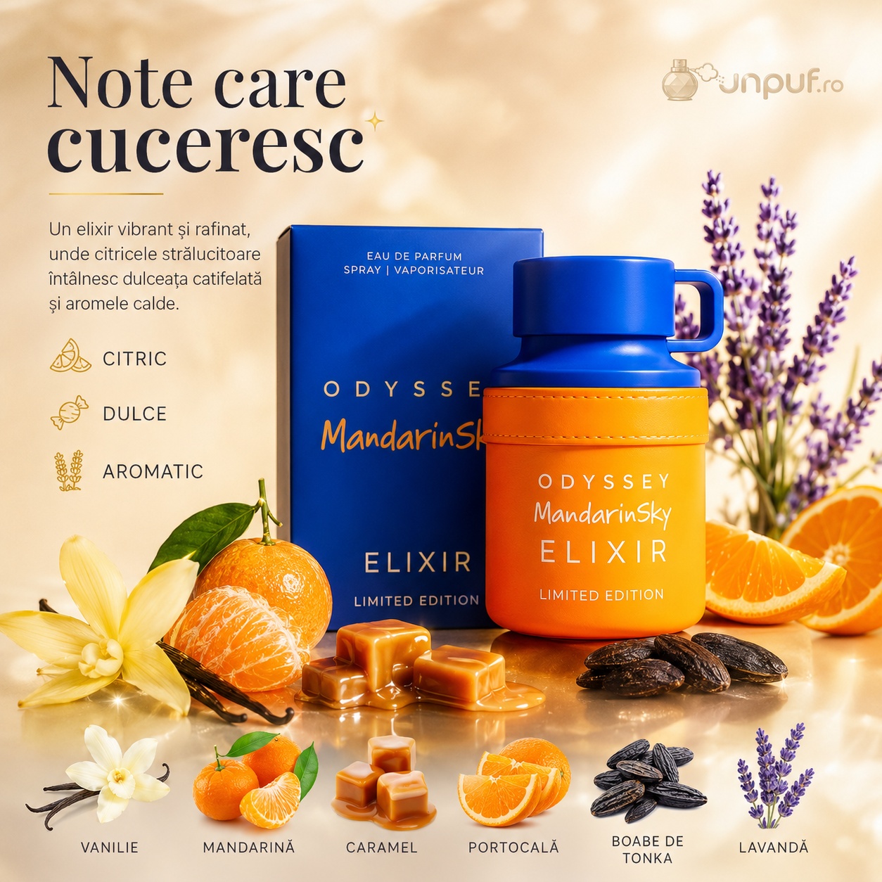 Note care cuceresc Armaf Odyssey Mandarin Sky Elixir cu vanilie mandarină caramel portocală boabe tonka și lavandă