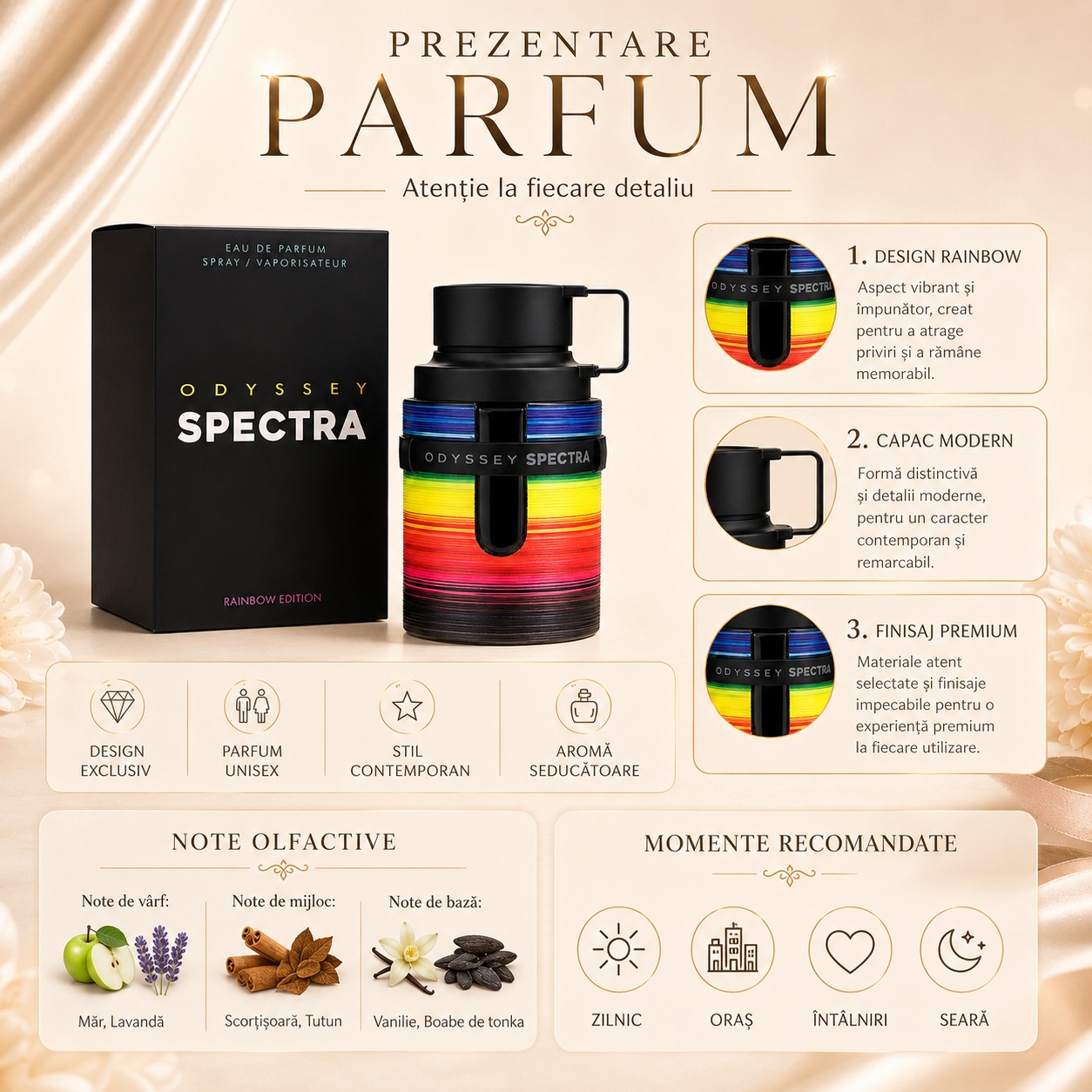 Prezentare Armaf Odyssey Spectra Rainbow Edition cu design rainbow, parfum unisex, stil contemporan și note de măr, lavandă, scorțișoară, tutun, vanilie și boabe de tonka