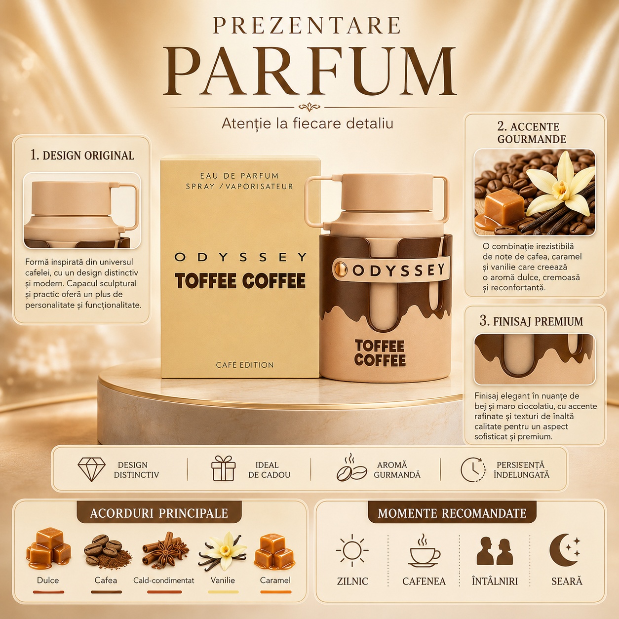 Prezentare Armaf Odyssey Toffee Coffee cu design original, accente gurmande, finisaj premium și acorduri de caramel, cafea, vanilie și dulce
