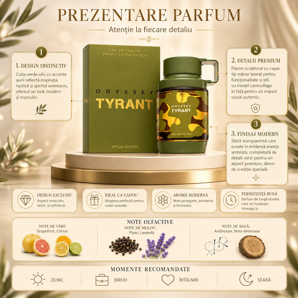 Prezentare Armaf Odyssey Tyrant cu design distinctiv, detalii premium, finisaj modern, grapefruit, citrice, piper, lavandă, ambroxan și note lemnoase