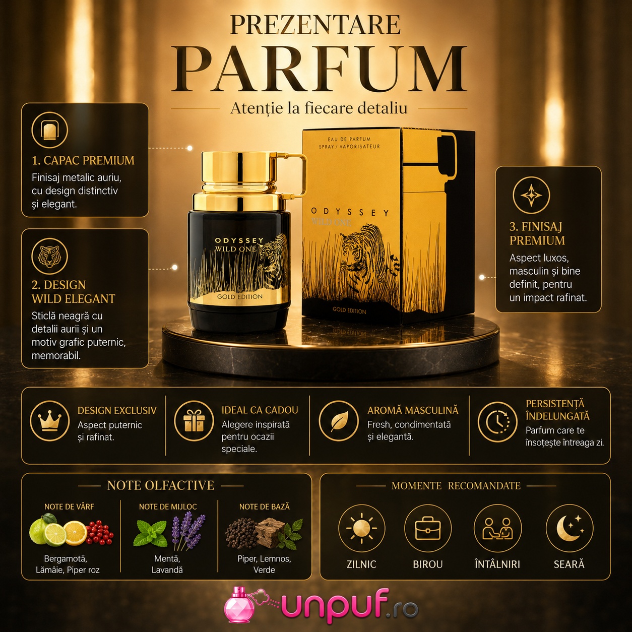 Prezentare Armaf Odyssey Wild One Gold Edition cu capac premium, design wild elegant, aromă masculină și note olfactive