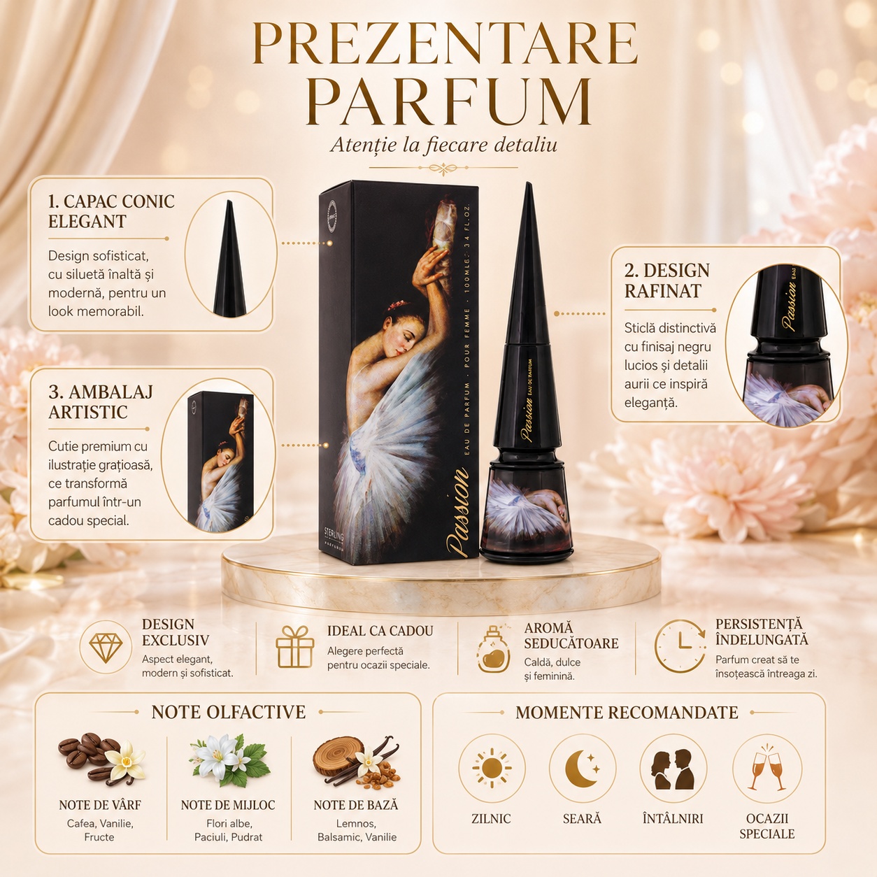 Prezentare Armaf Passion cu capac conic elegant, design rafinat, ambalaj artistic, aromă seducătoare și persistență &icirc;ndelungată